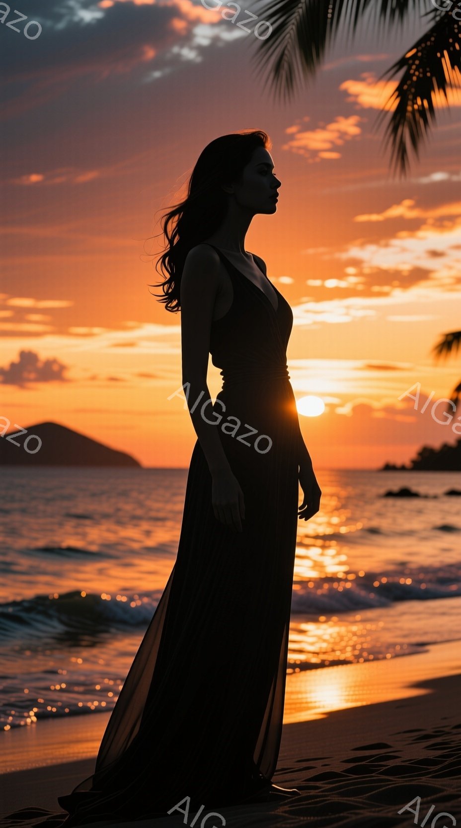 長い黒いドレスを着た女性が、夕焼けのビーチで横を向いています。彼女は髪をなびかせ、横顔で物憂げな表情を浮かべています。背景には穏やかな海、夕焼けに照らされた水平線、そして遠くに見える緑の山々が広がっており、全体的にロマンチックで穏やかな雰囲気を醸し出しています。