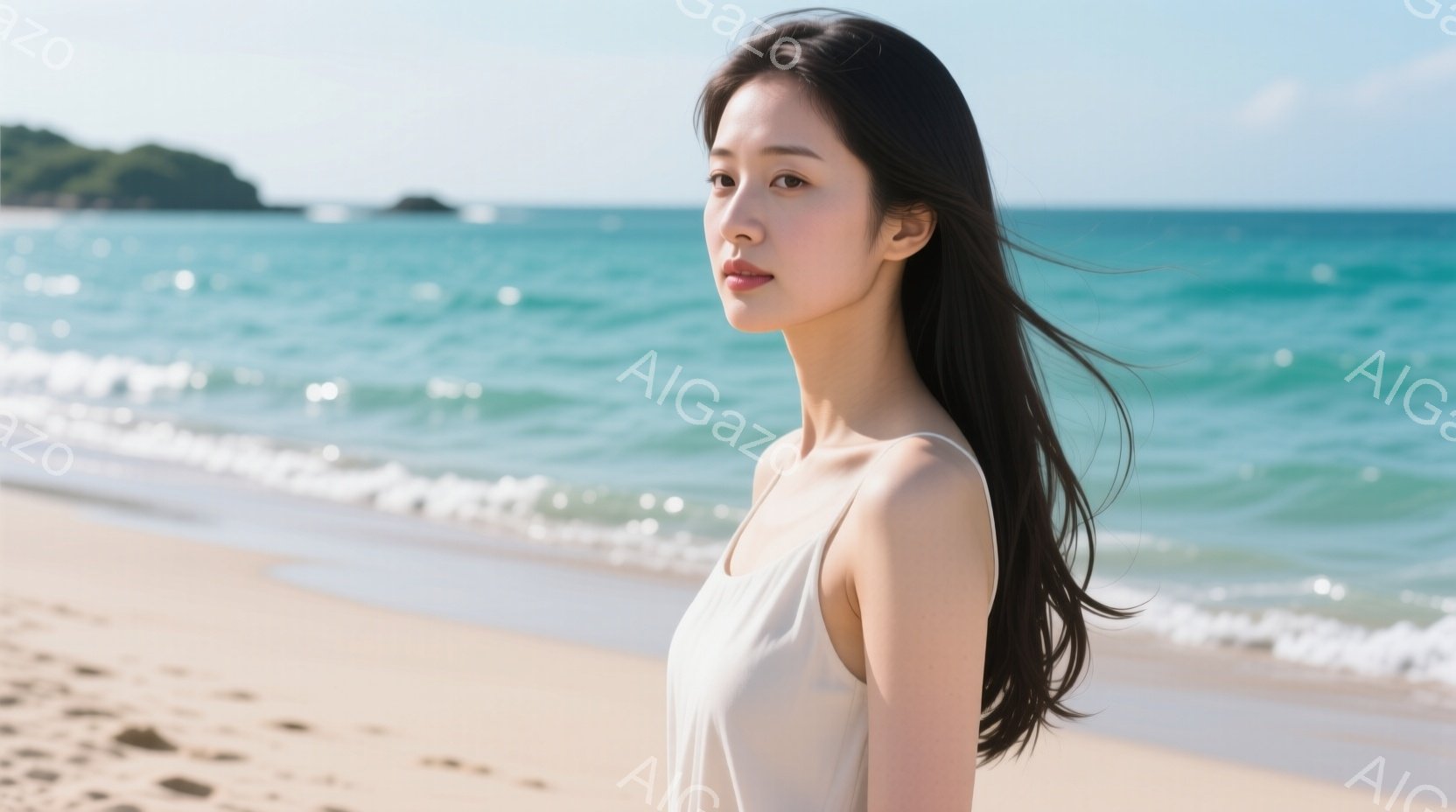 長い黒髪をなびかせ、ベージュ色のキャミソールを着た女性が砂浜に立っている。彼女は横顔で、穏やかな表情をしており、遠くの水平線を見つめているように見える。背景には青い海と緑の陸地が見え、晴天の下、穏やかな夏の雰囲気が漂っている。