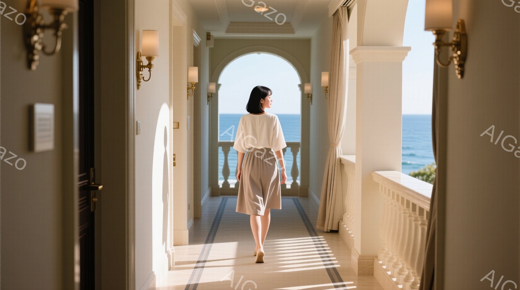白いシャツと膝丈のスカートを身に着けた女性が、明るい廊下を背にして歩いている。廊下はクリーム色で、青いラインが敷き詰められ、アーチ状の窓からは青い海が見える。全体的に穏やかで優雅な雰囲気で、リゾートホテルの廊下の様子が伺える。