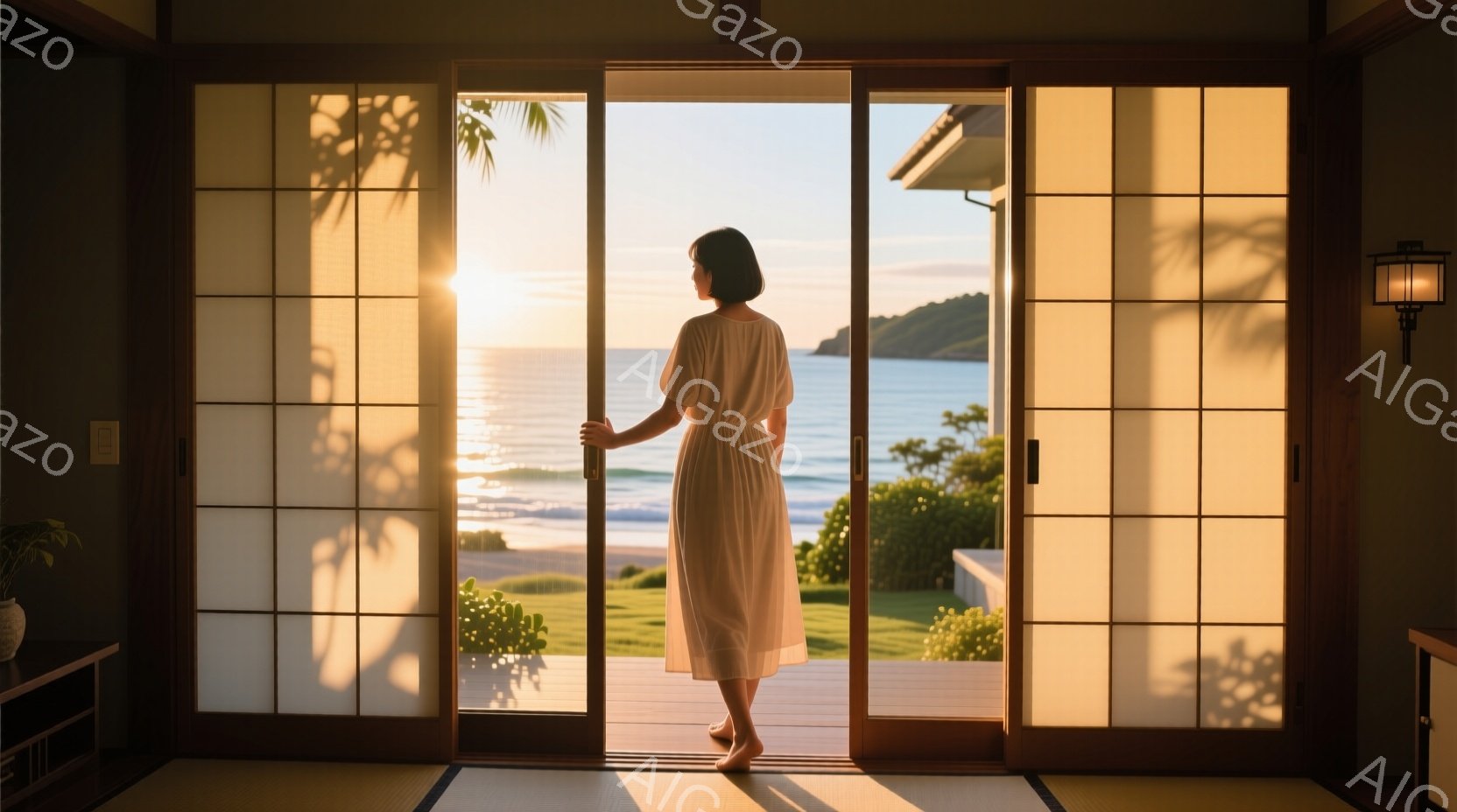 白いワンピースを着た女性が、障子戸が開いた縁側に立っている。彼女は後ろ姿で、髪は短く、リラックスした様子で海を眺めている。背景には青い海と緑の芝生、そして夕焼け空が広がり、穏やかで安らぎのある雰囲気が漂っている。