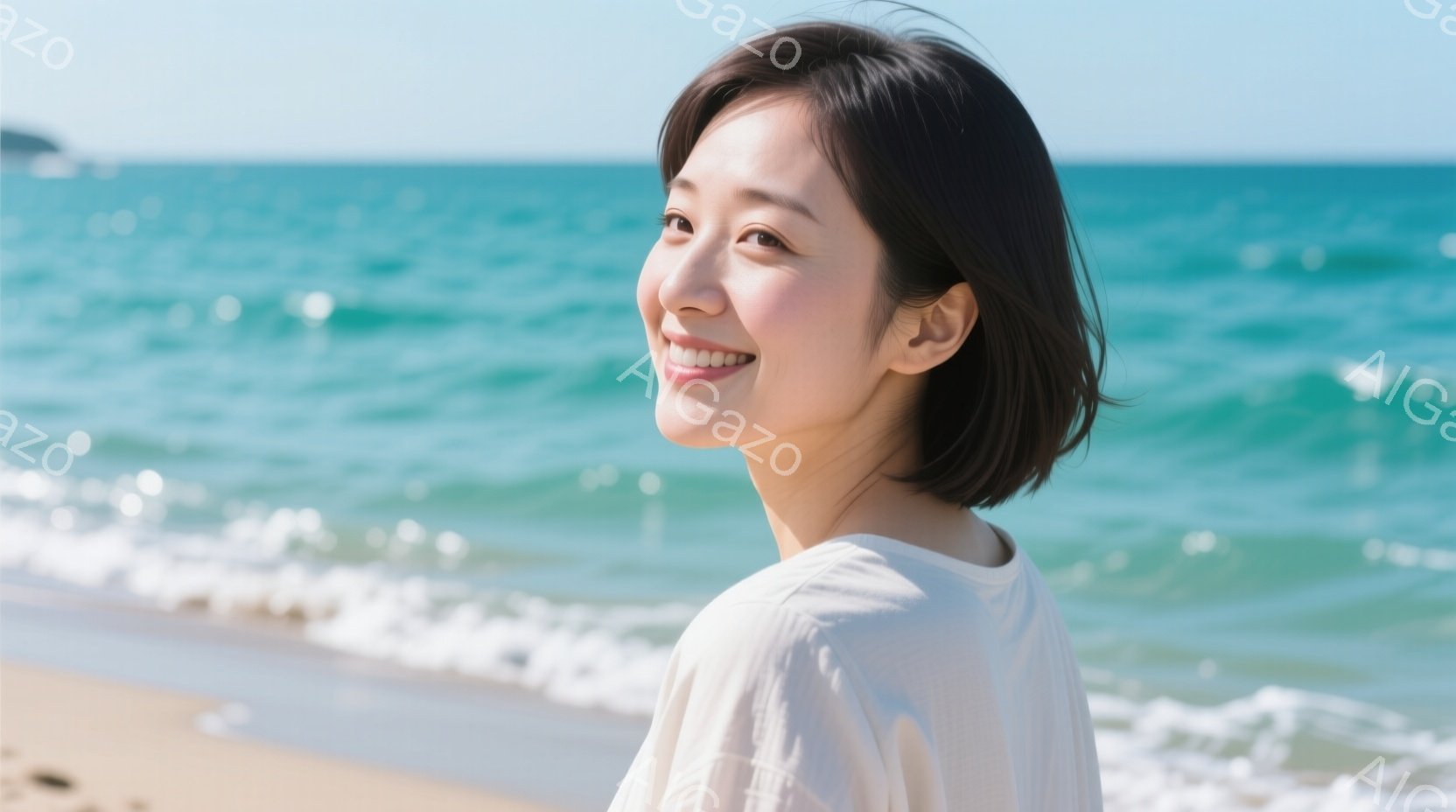 明るい日差しの下、砂浜に立つ女性が写っています。彼女は白いシャツを着ており、短めの黒髪は肩にかかっています。笑顔で遠くを見つめ、リラックスした雰囲気が漂っています。