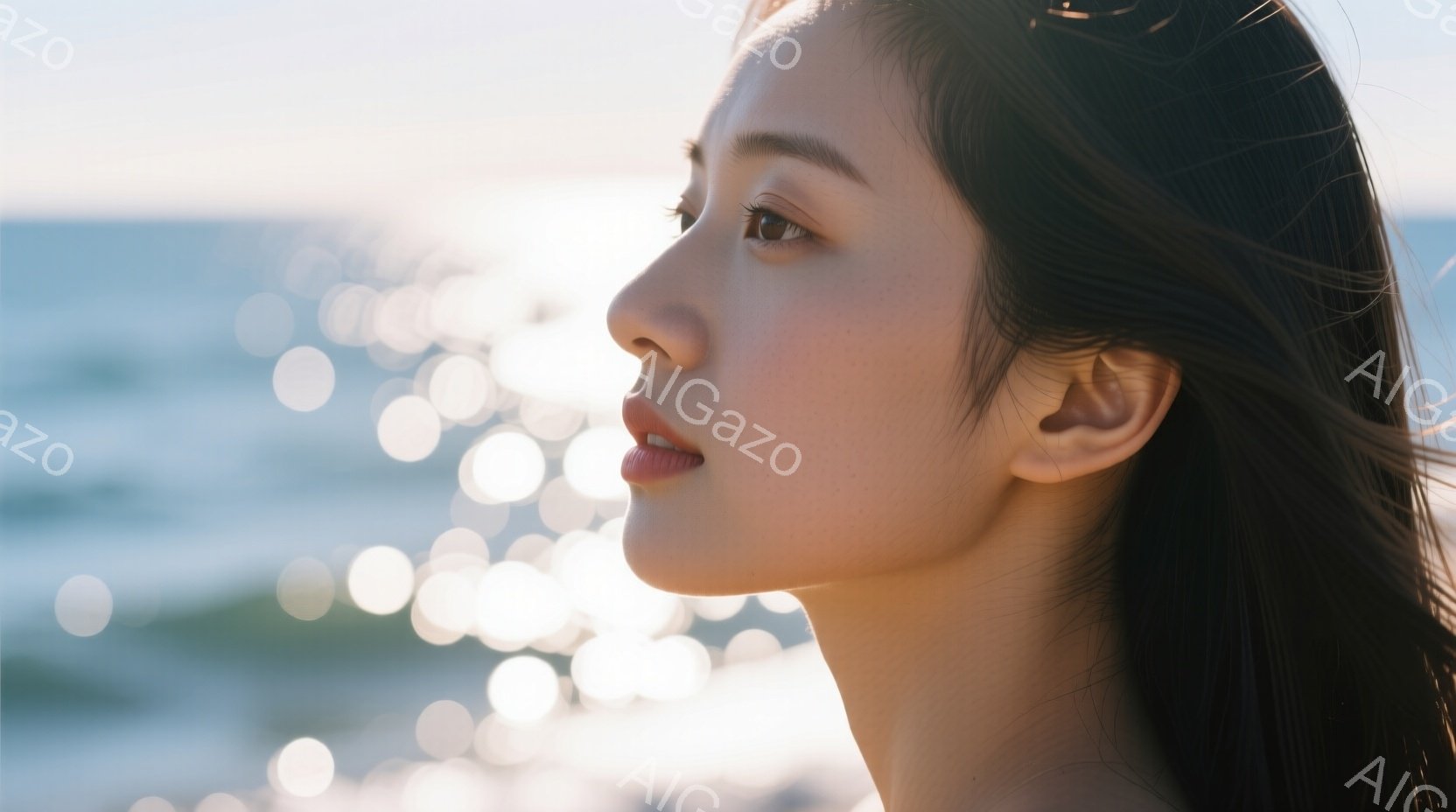 濃い黒髪を肩まで伸ばした若い女性が、横顔で写っている。彼女はわずかに口を開け、どこか遠くを見つめている様子で、穏やかで物憂げな表情を浮かべている。背景には、キラキラと輝く海が広がり、柔らかな光が彼女の肌を照らし、静かで幻想的な雰囲気を醸し出している。