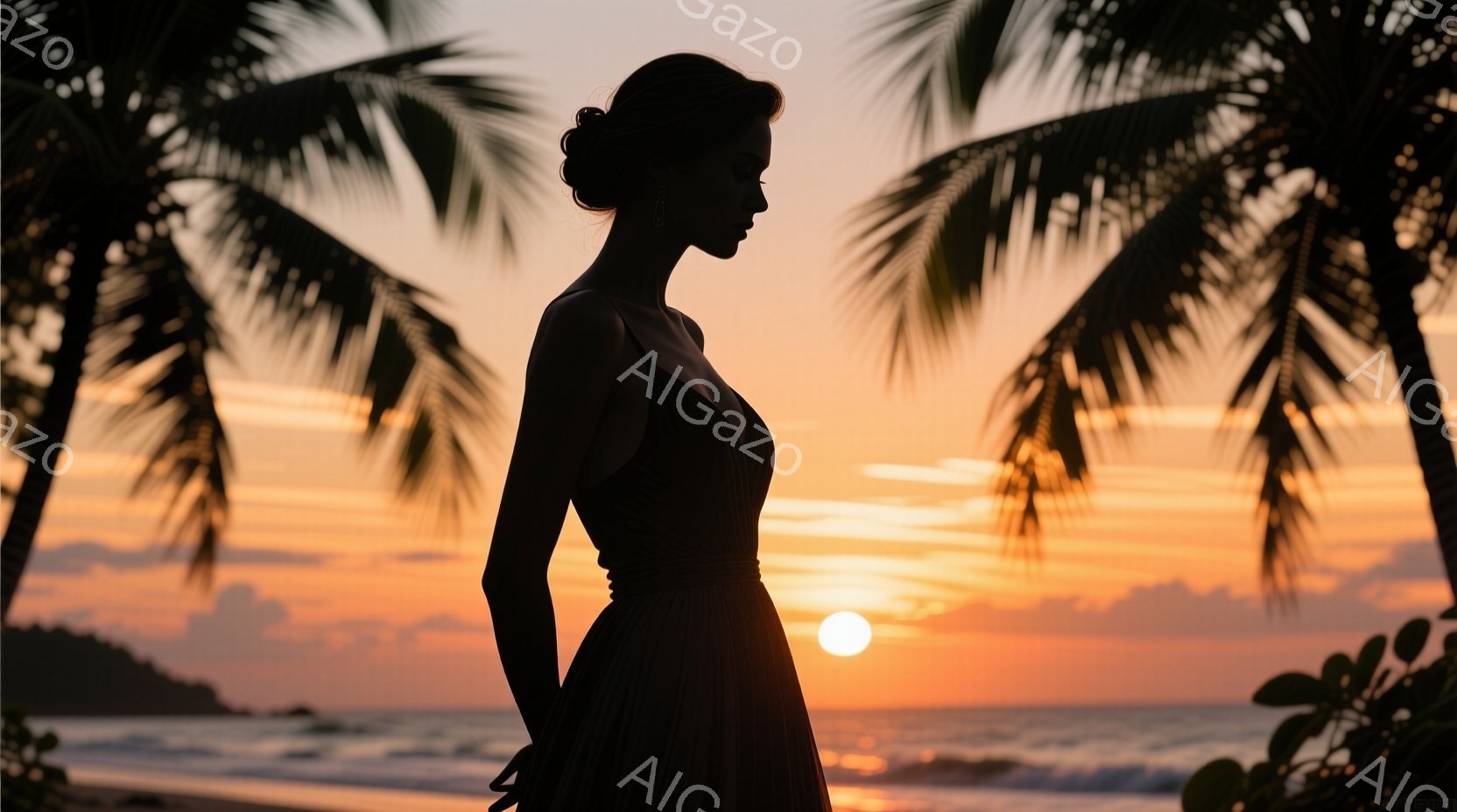 夕焼けを背景に、シルエットになった女性が立っている。彼女は肩出しの赤いドレスを着ており、髪は後ろで結われている。背景にはヤシの木々と穏やかな波が見え、ロマンチックで静寂な雰囲気を醸し出している。