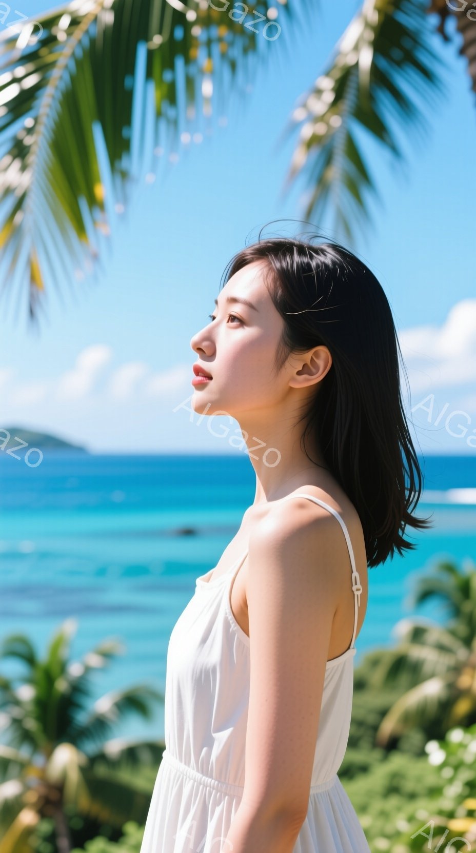 長い黒髪の女性が、白いキャミソールワンピースを着て横を向いています。彼女は穏やかな表情で遠くを見つめ、リラックスした姿勢で立っています。背景にはターコイズブルーの海と緑豊かな植物があり、晴れた空の下、 - AI生成フリー素材