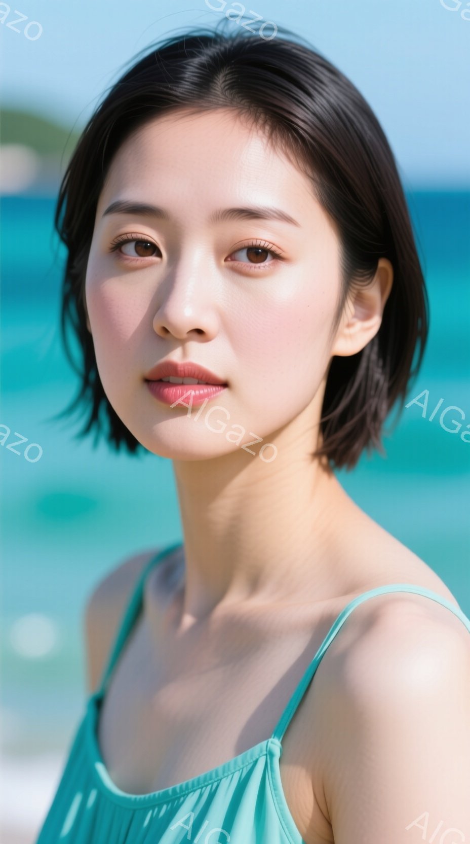 この女性は、肩出しのターコイズブルーのトップスを着て、短い黒髪で、わずかに微笑んでいます。彼女はカメラの方を見ており、穏やかでリラックスした表情をしています。背景には、ターコイズブルーの海と白い砂浜が広がり、晴天の下、夏の爽やかな雰囲気が漂っています。