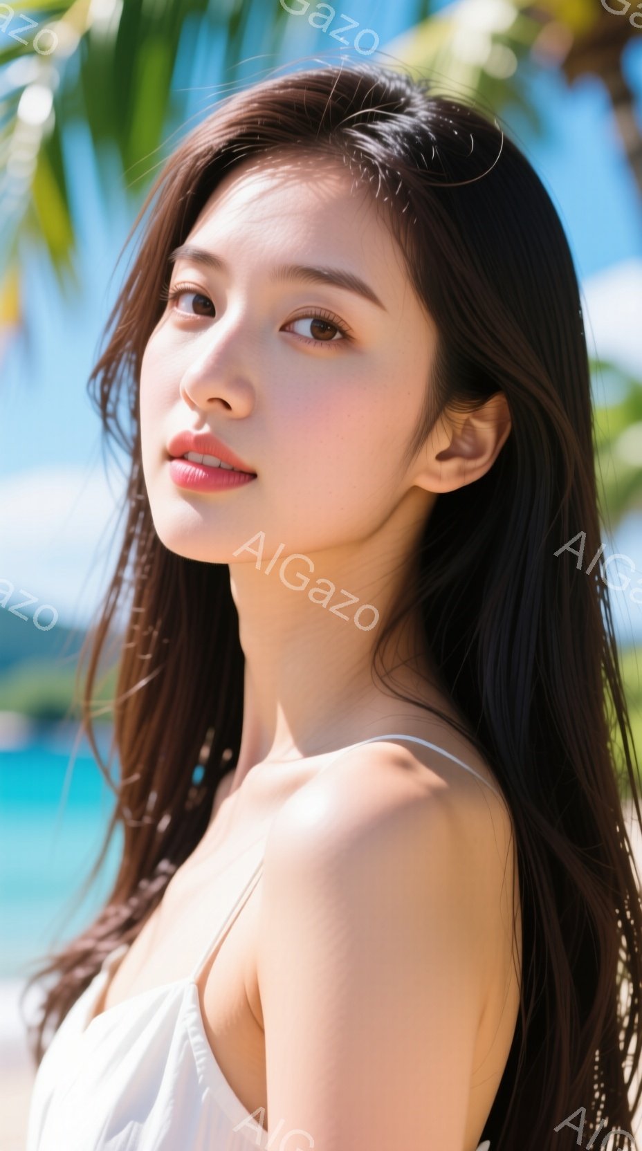長い黒髪が肩にかかり、白いキャミソールを着た若い女性が写っている。彼女はわずかに微笑み、視線は少し上を向いており、リラックスした雰囲気を醸し出している。背景には青い空とヤシの木が見え、晴れた日の穏やかな海辺の風景を示している。