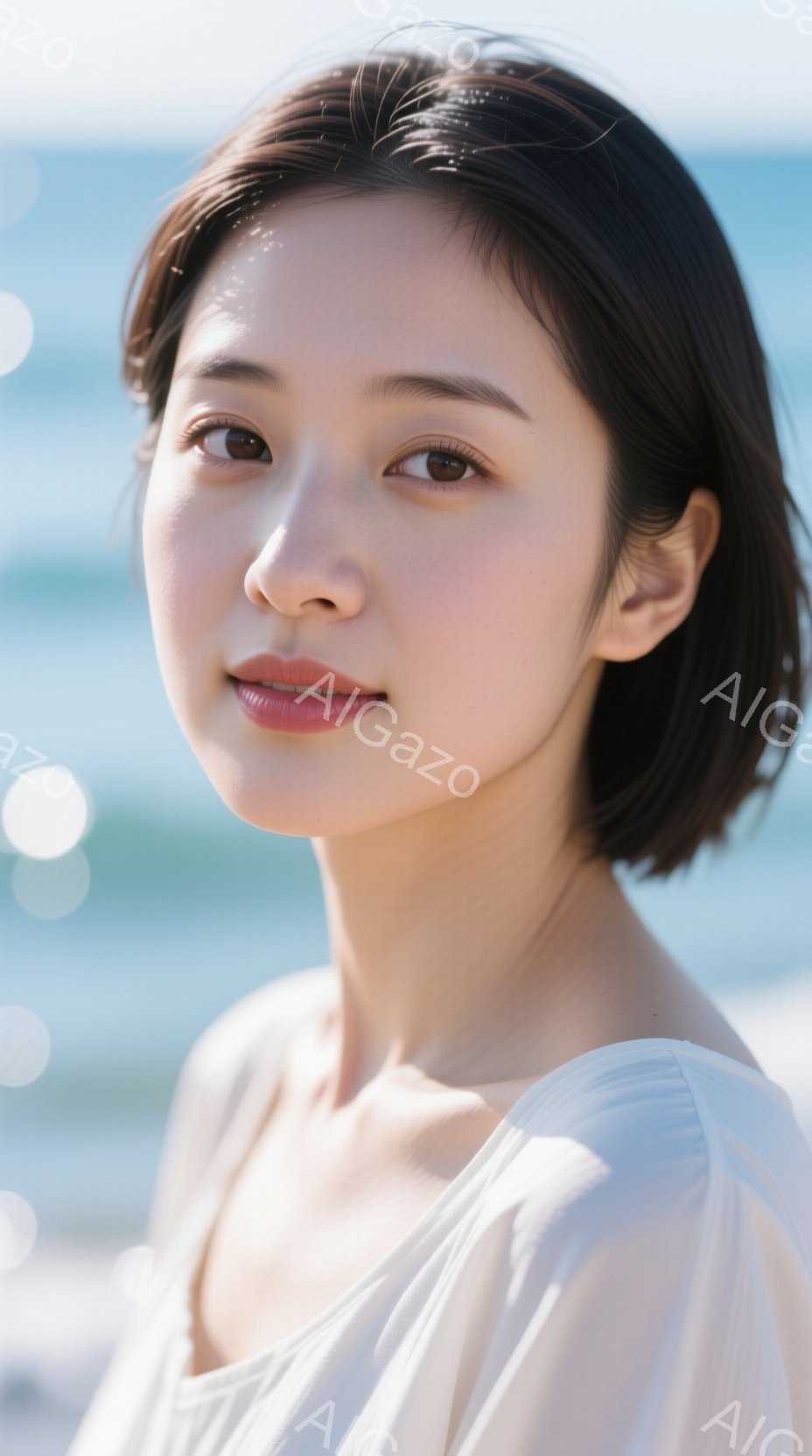 この女性は、肩までの長さのダークブラウンの髪型で、わずかに微笑んでいます。オフホワイトのブラウスを着ており、背景にはぼやけた青い海と光のフレアが見られます。全体的に柔らかく、自然な雰囲気が漂っています。