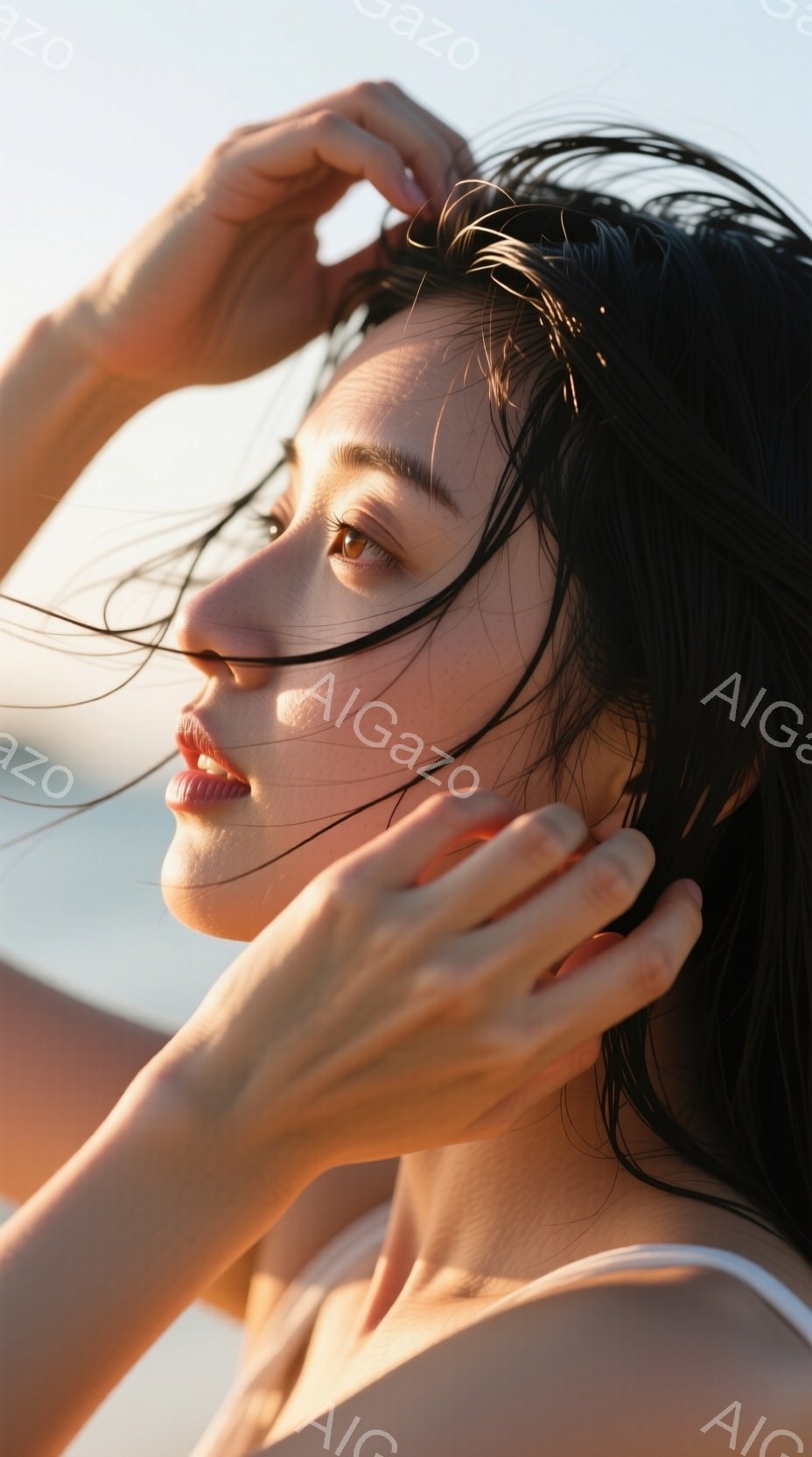長い黒髪が風になびき、女性は片手で髪をあごに添え、もう片手で頭の横の髪をなでています。彼女は横顔で、少し口を開け、どこか物憂げな表情をしています。背景は明るい空と海で、風が強い晴天の日のようです。
