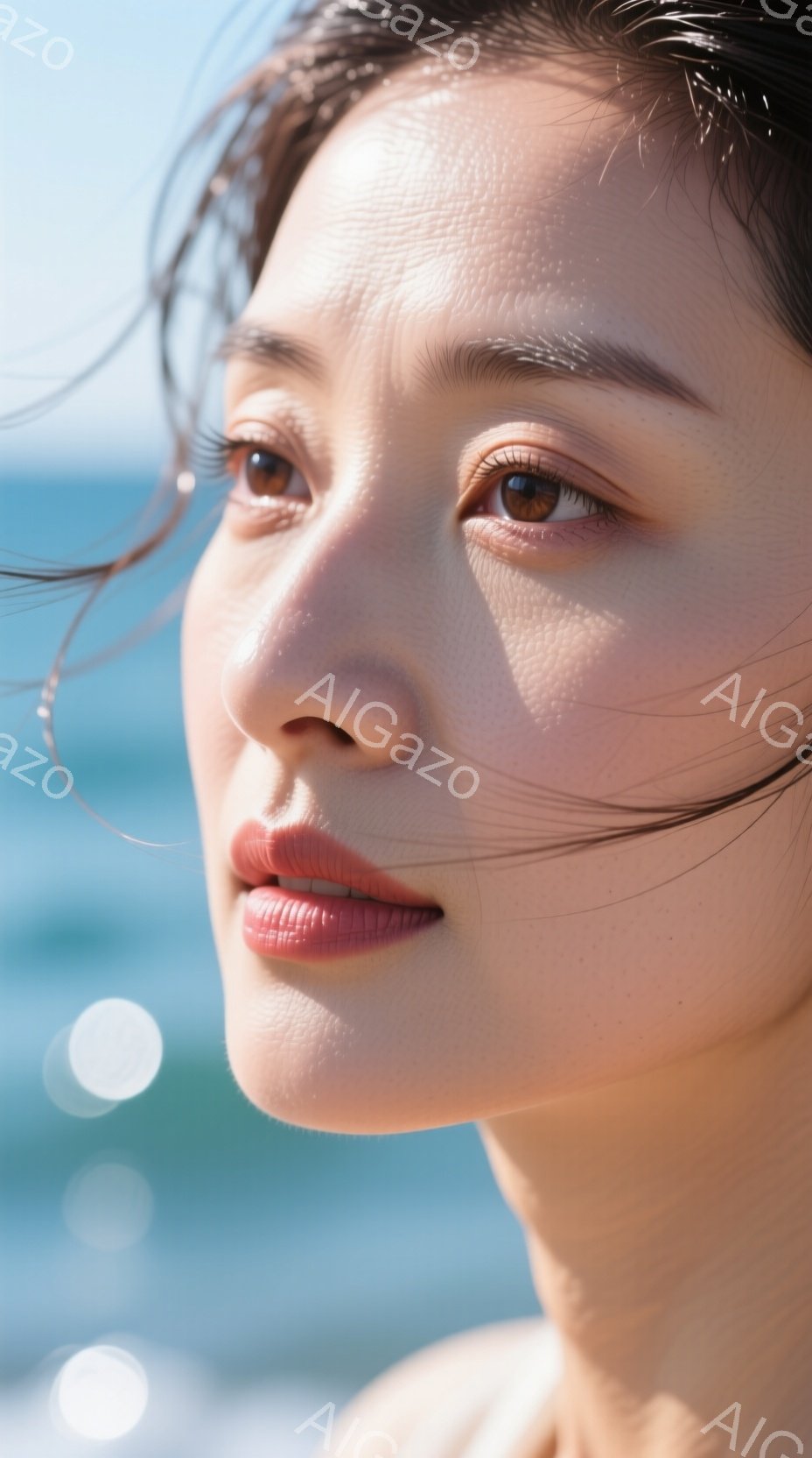 画像は、海辺で横顔を見せる女性を捉えています。彼女は肩出しの白い服を着ており、濡れた髪が頬に沿っています。背景には青い海と光の反射が見られ、全体的に爽やかで自然な雰囲気が漂っています。