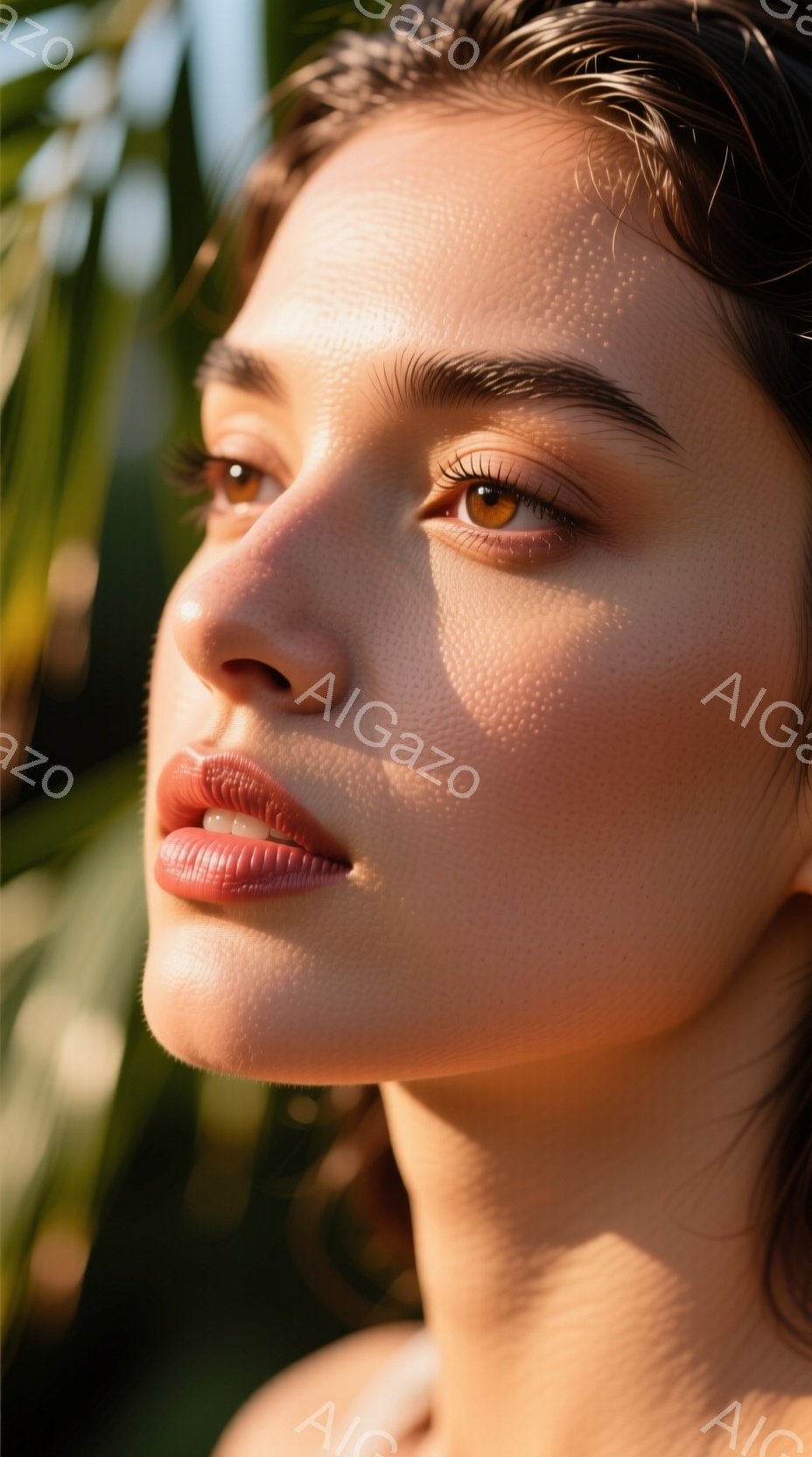 鮮やかな緑の背景に、女性の顔のクローズアップが写っています。彼女は滑らかな肌を持ち、少し開いた唇と、優しい眼差しで横を向いています。光が彼女の顔に当たり、微妙な陰影とハイライトを作り出し、自然で穏やかな雰囲気を醸し出しています。