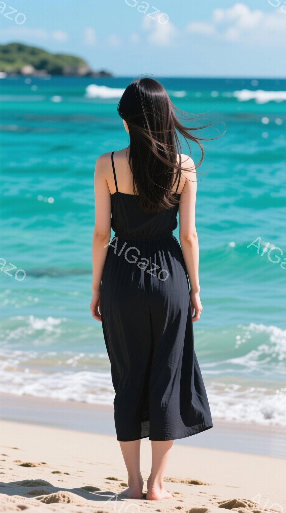 黒いワンピースを着た女性が砂浜に立っており、後ろ姿が映っています。彼女は髪を後ろで一つにまとめ、海風に少し揺れています。背景にはターコイズブルーの海と、遠くの緑豊かな島が見え、晴れた日差しが穏やかな雰囲気を醸し出しています。