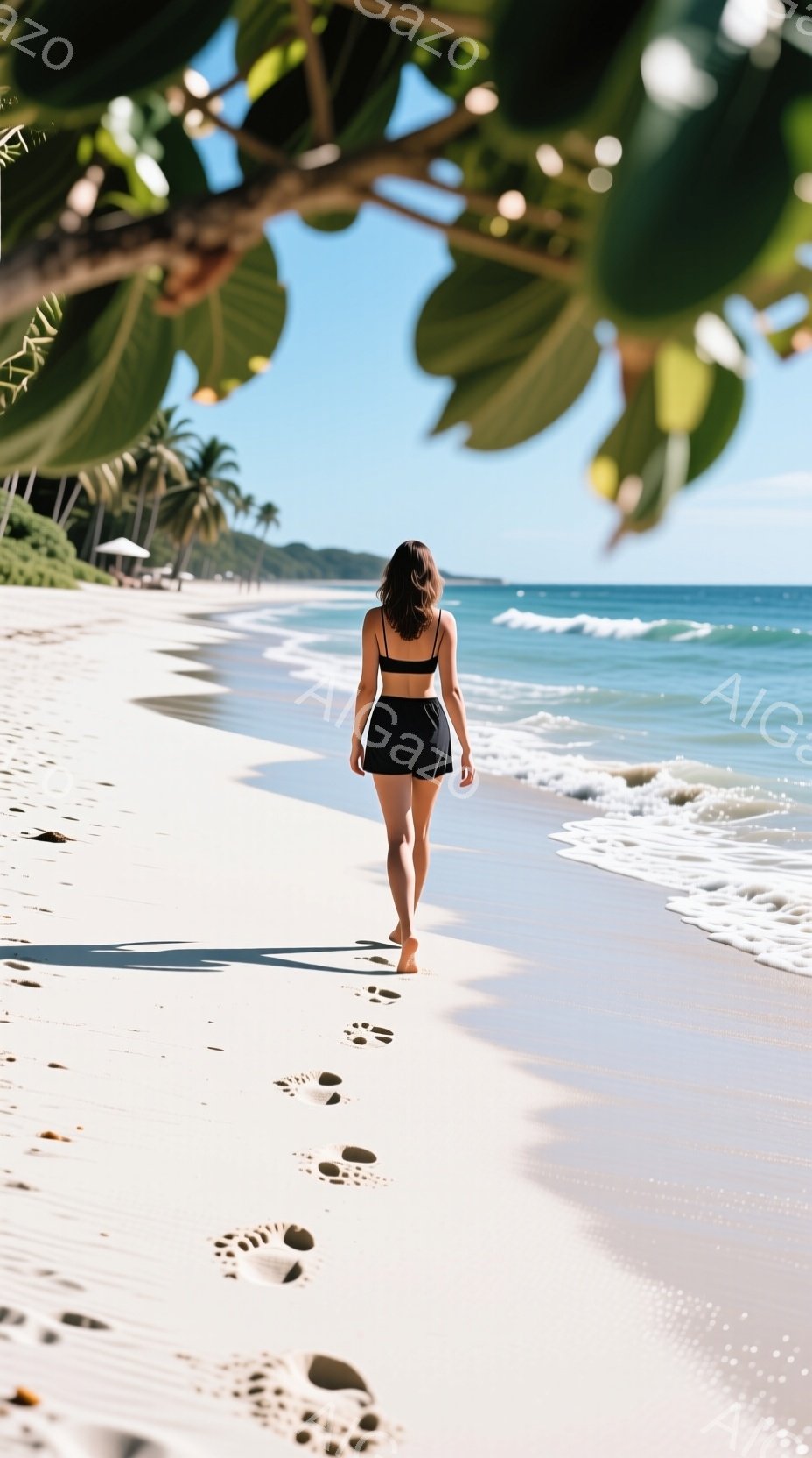 白い砂浜を女性が歩いている様子が捉えられています。黒いビキニとショーツを着用し、後ろ姿だけが見えています。背景には青い海と空、そして緑の葉が写り、晴天で穏やかな雰囲気が漂っています。