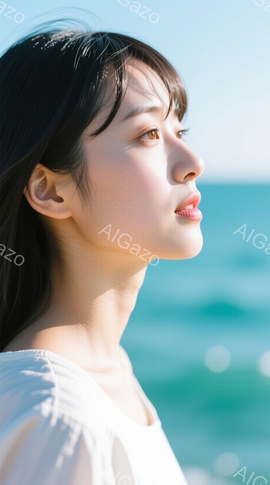 長い黒髪の女性が、青い海を背景に横顔で写っている。白いブラウスを着ており、視線は遠くを見つめている。穏やかで物憂げな雰囲気が漂い、背景の海とのコントラストが美しい。 - AI生成フリー素材
