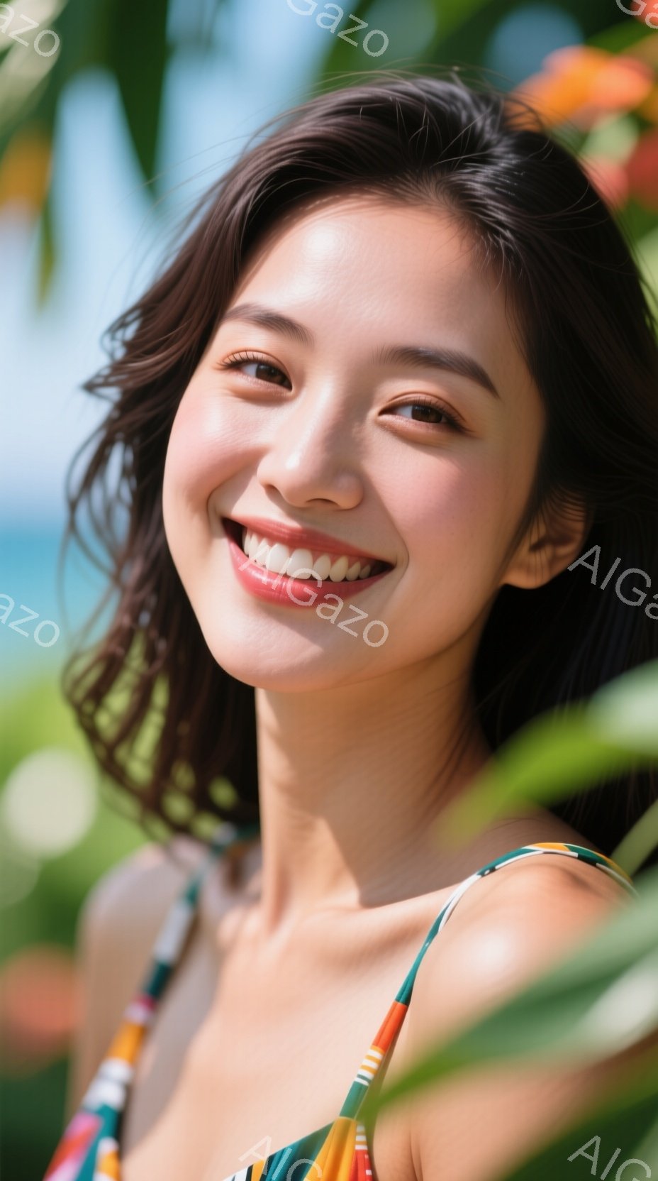 この女性は、明るい笑顔を浮かべ、緑豊かな植物に囲まれています。彼女は、ストライプ模様の明るい水着を着ており、髪は肩のあたりでカールしています。背景には、ぼやけた自然の風景が広がり、暖かく晴れた日の穏やかな雰囲気が漂っています。