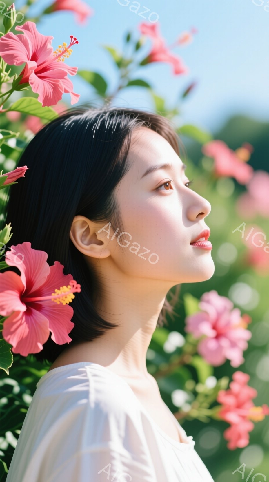 画像は、ピンクのハイビスカスに囲まれた若い女性の横顔です。彼女はオフホワイトのトップスを着ており、短くダークブラウンの髪は耳にかかっています。穏やかな表情で、少し上を見つめ、リラックスした雰囲気が漂っています。