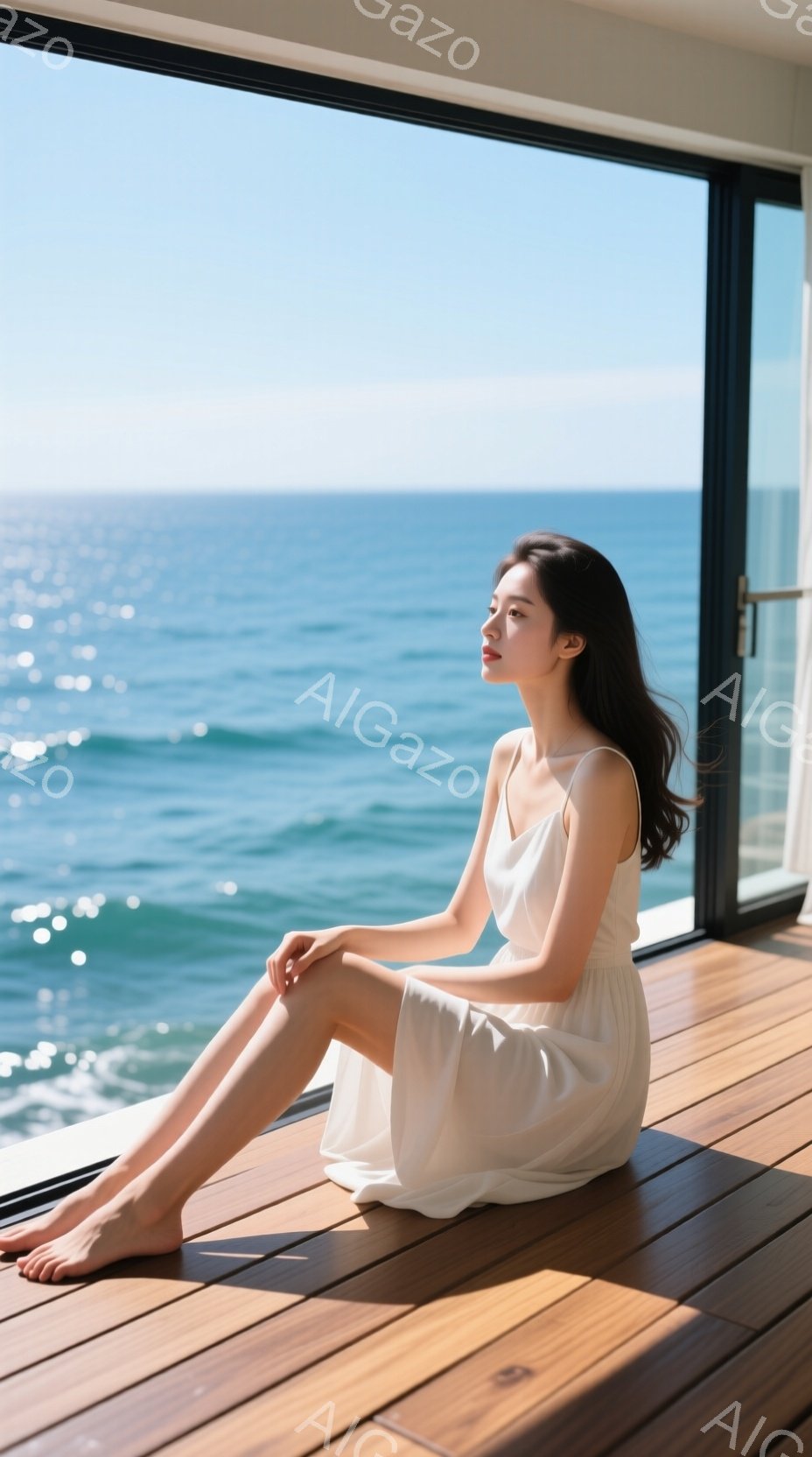 長い黒髪の女性が、白いキャミソールワンピースを着て床に座っている。彼女は横向きに座り、遠くの海を見つめて穏やかな表情を浮かべている。背景には、青い海と空、そしてモダンな建物の一部が見え、明るく静かな雰囲気を醸し出している。