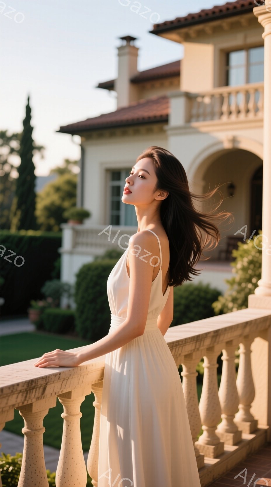 長い黒髪をなびかせ、クリーム色のキャミソールワンピースを着た女性が、石の欄干に手を添えて立っている。彼女は横顔を見せ、優雅な表情で遠くを見つめている。背景には、緑豊かな庭園と、美しいイタリア風の建物が広がり、晴天の下で穏やかで洗練された雰囲気が漂っている。