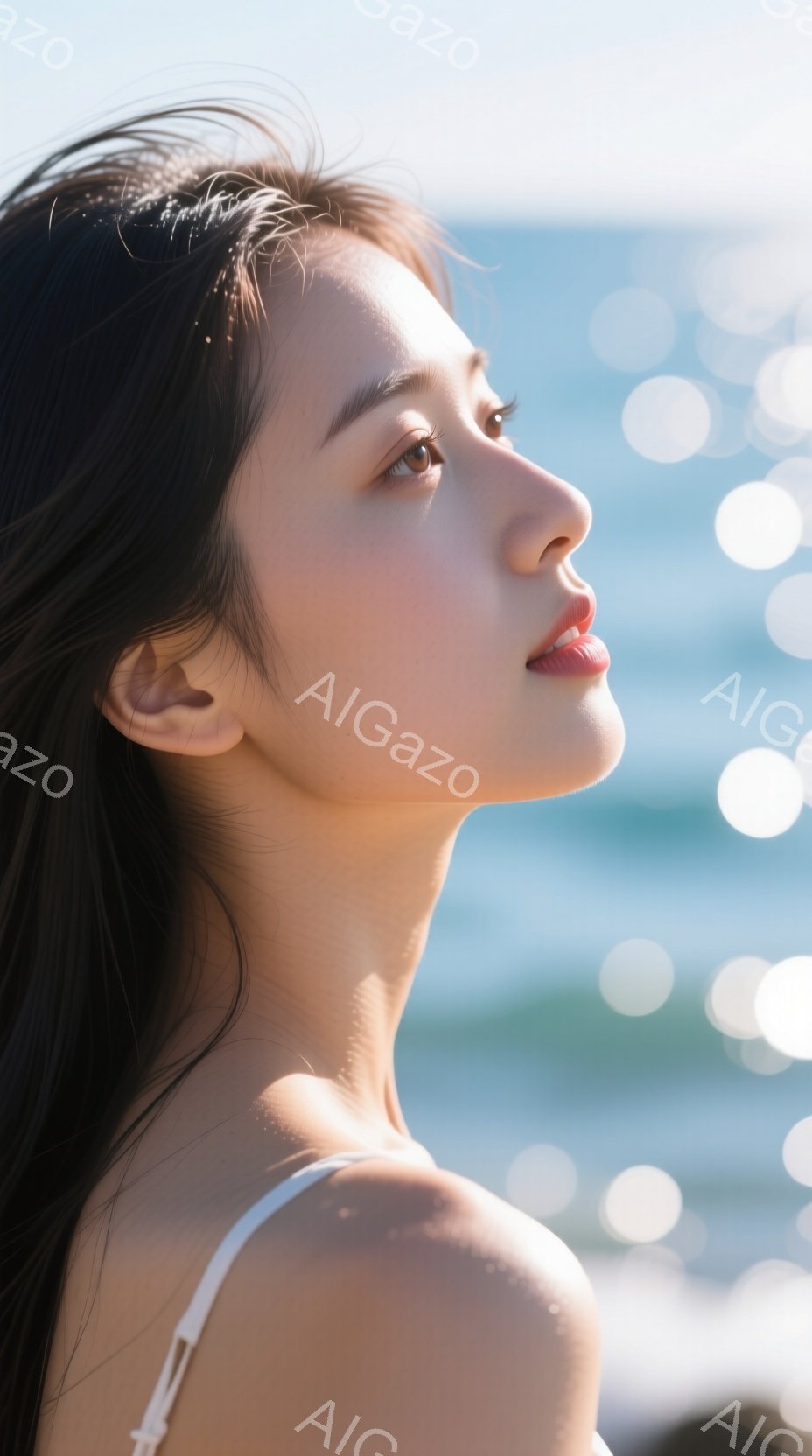 長い黒髪をなびかせ、白いストラップのトップスを着た女性が、海を背景に横顔を見せています。彼女は少し上を見つめ、穏やかでリラックスした表情をしています。背景には、光が反射する青い海が広がり、晴天で穏やかな雰囲気を醸し出しています。