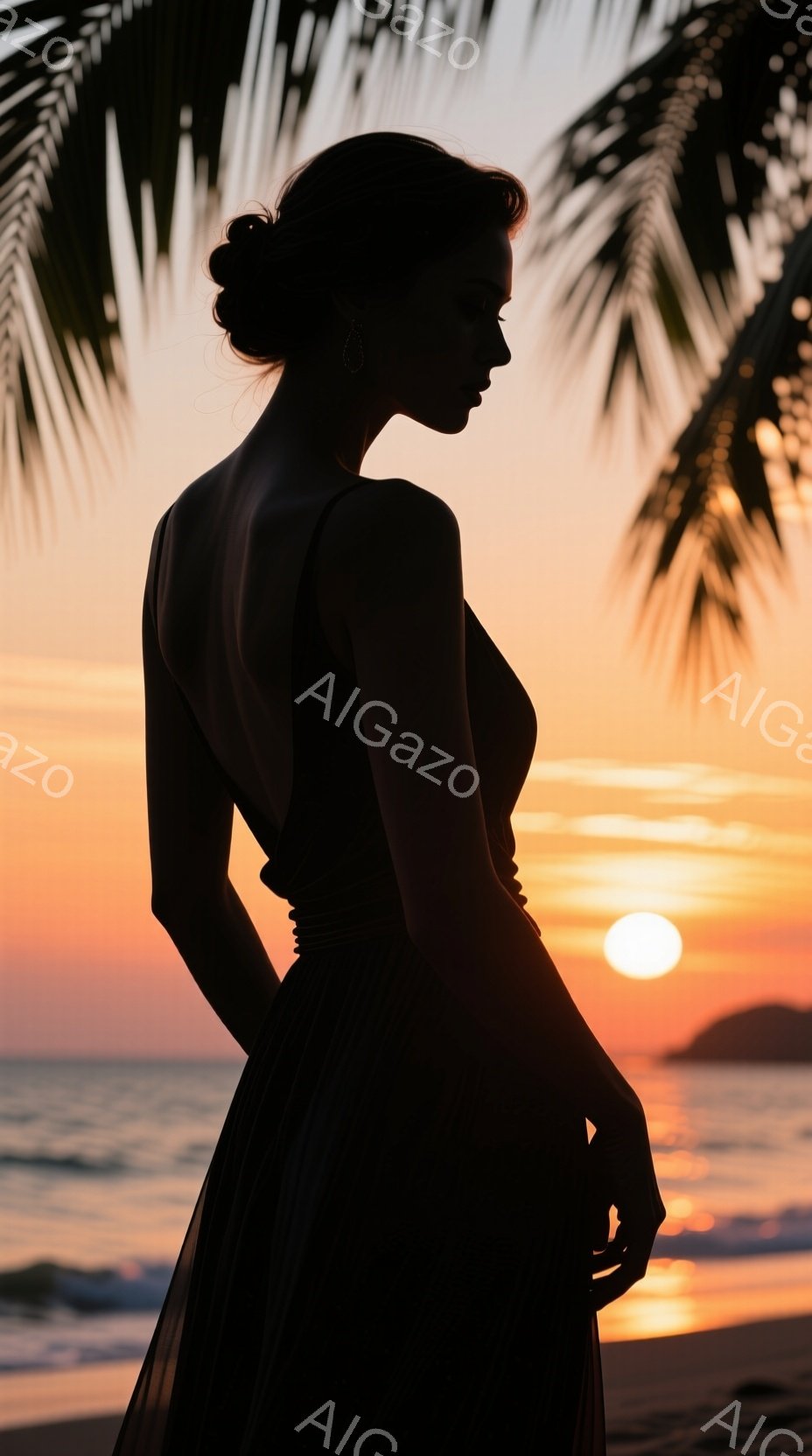 シルエットで描かれた女性は、背中を丸め、長いドレスを着ています。髪は後ろでまとめられ、横顔はエレガントな印象を与えます。背景は夕焼けの海で、太陽が輝き、熱帯の植物がシルエットとして映り込み、ロマンチックで穏やかな雰囲気を醸し出しています。