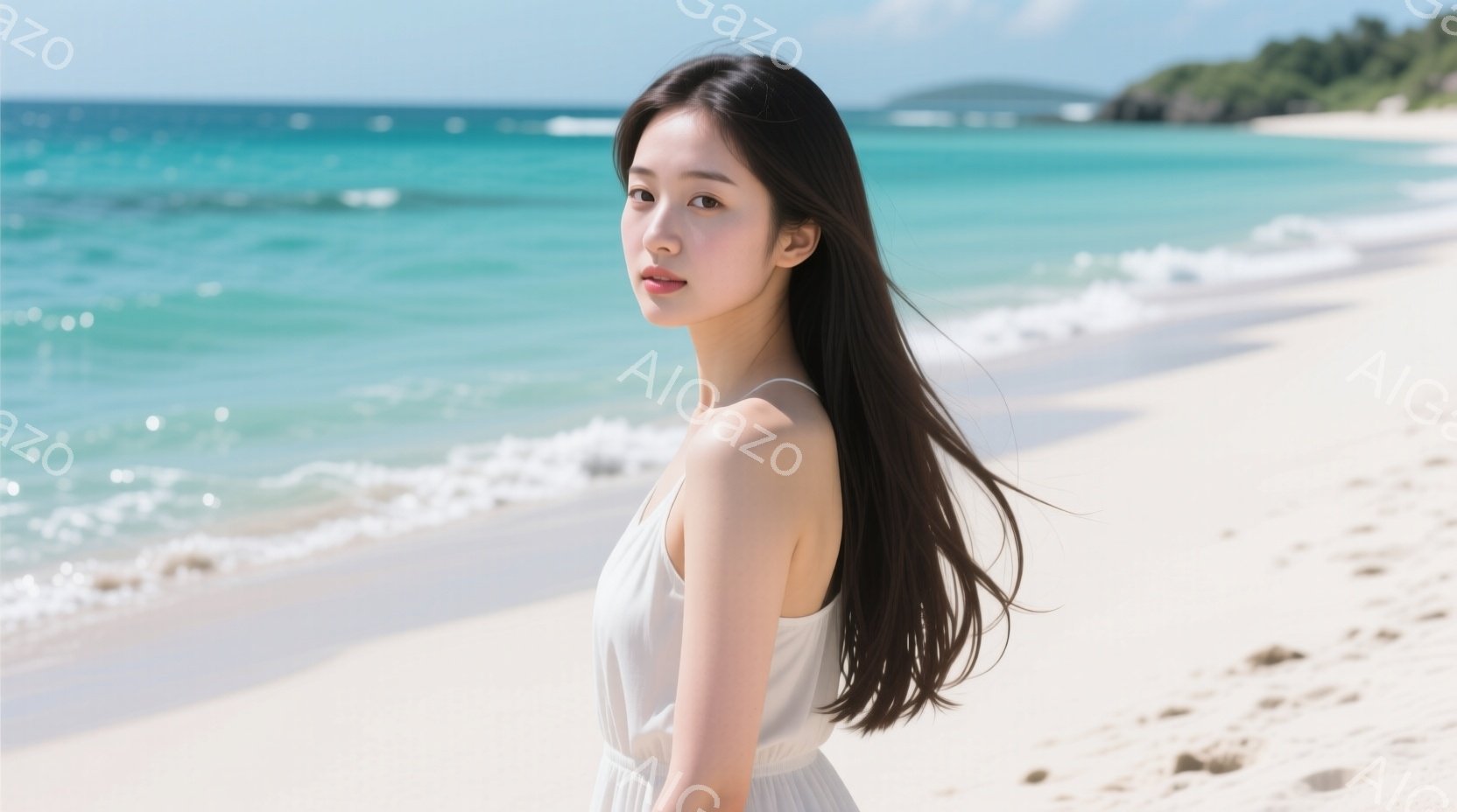 長い黒髪をなびかせ、白いワンピースを着た女性が砂浜に立っています。彼女は少し横を向き、穏やかな微笑みを浮かべており、リラックスした雰囲気を醸し出しています。背景には、エメラルドグリーンの海と白い砂浜が - AI生成フリー素材