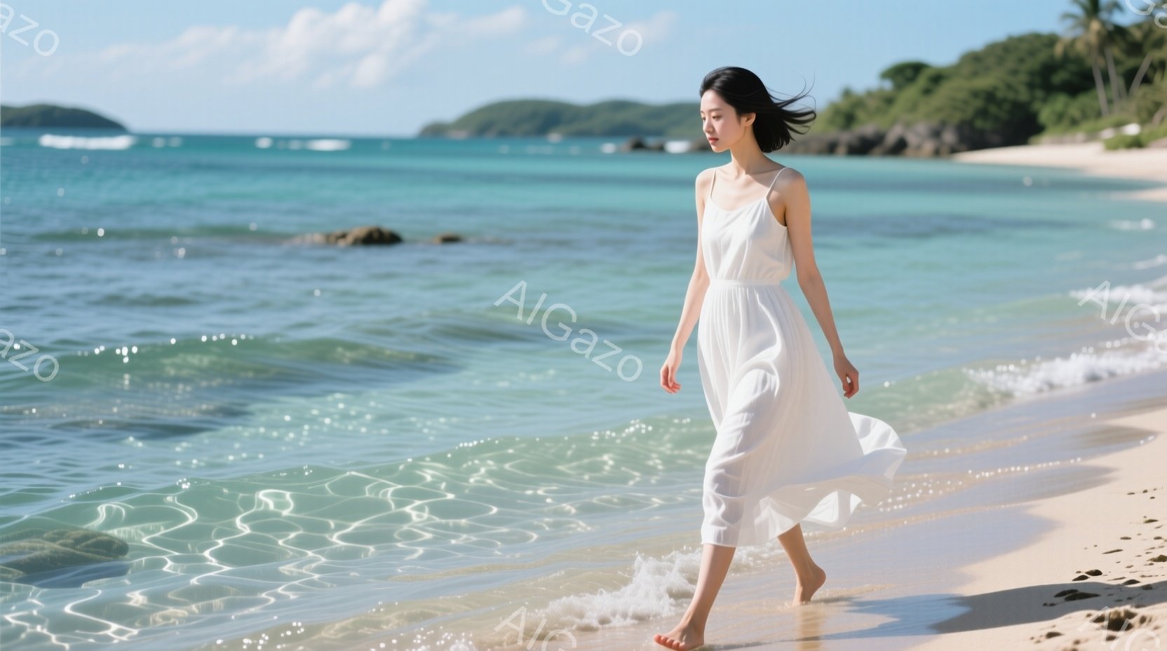 白いキャミソールワンピースを着た女性が、白い砂浜を裸足で歩いている。彼女は髪を後ろでまとめ、優雅な表情で海の方を見ている。背景にはターコイズブルーの海と緑豊かな山々が広がり、晴れた日の穏やかな雰囲気を - AI生成フリー素材