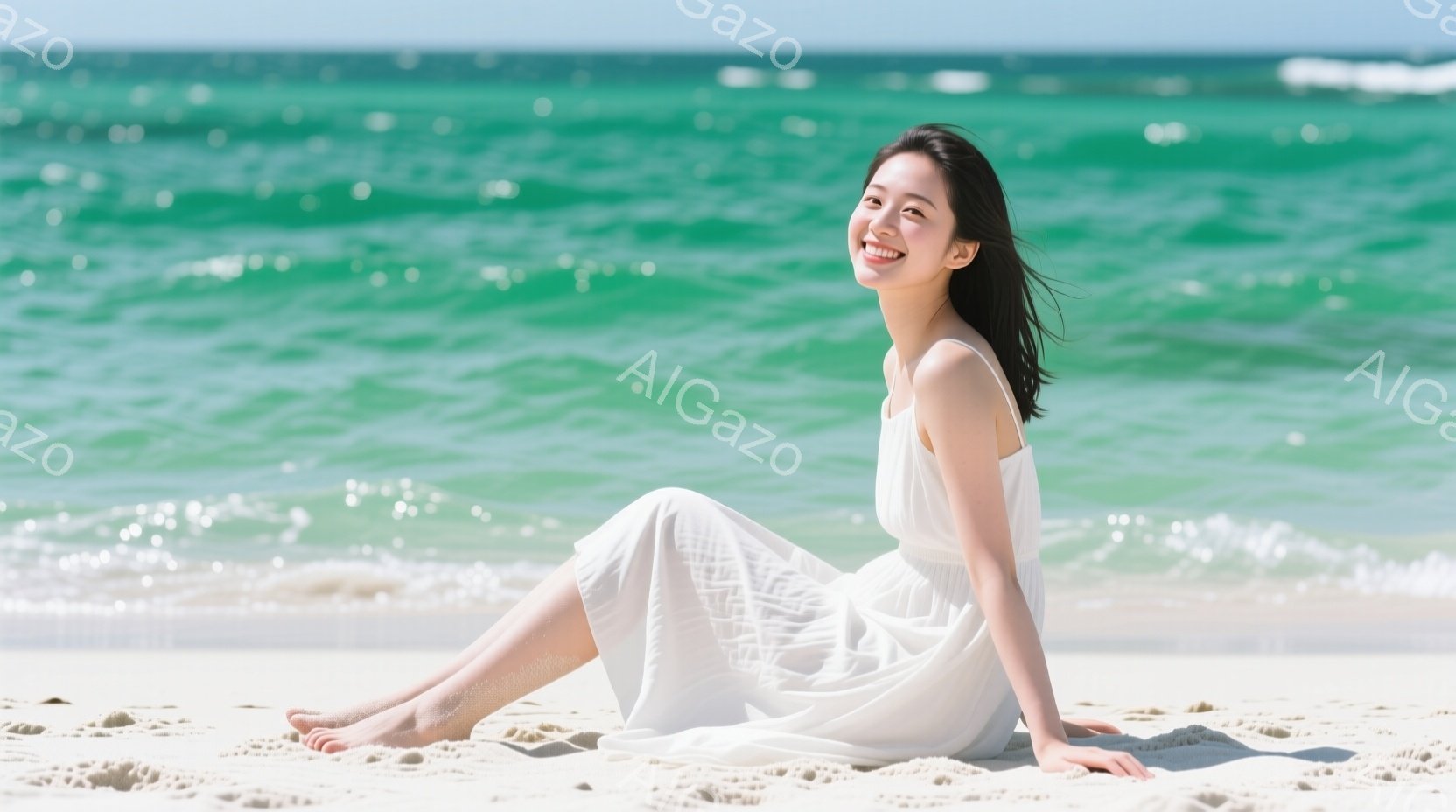 白いワンピースを着た女性が砂浜に座っており、優しく微笑んでいます。彼女は足を伸ばし、少し横を向いており、髪は風になびいています。背景にはターコイズブルーの海と白い波が広がり、晴れた日の穏やかなビーチの - AI生成フリー素材