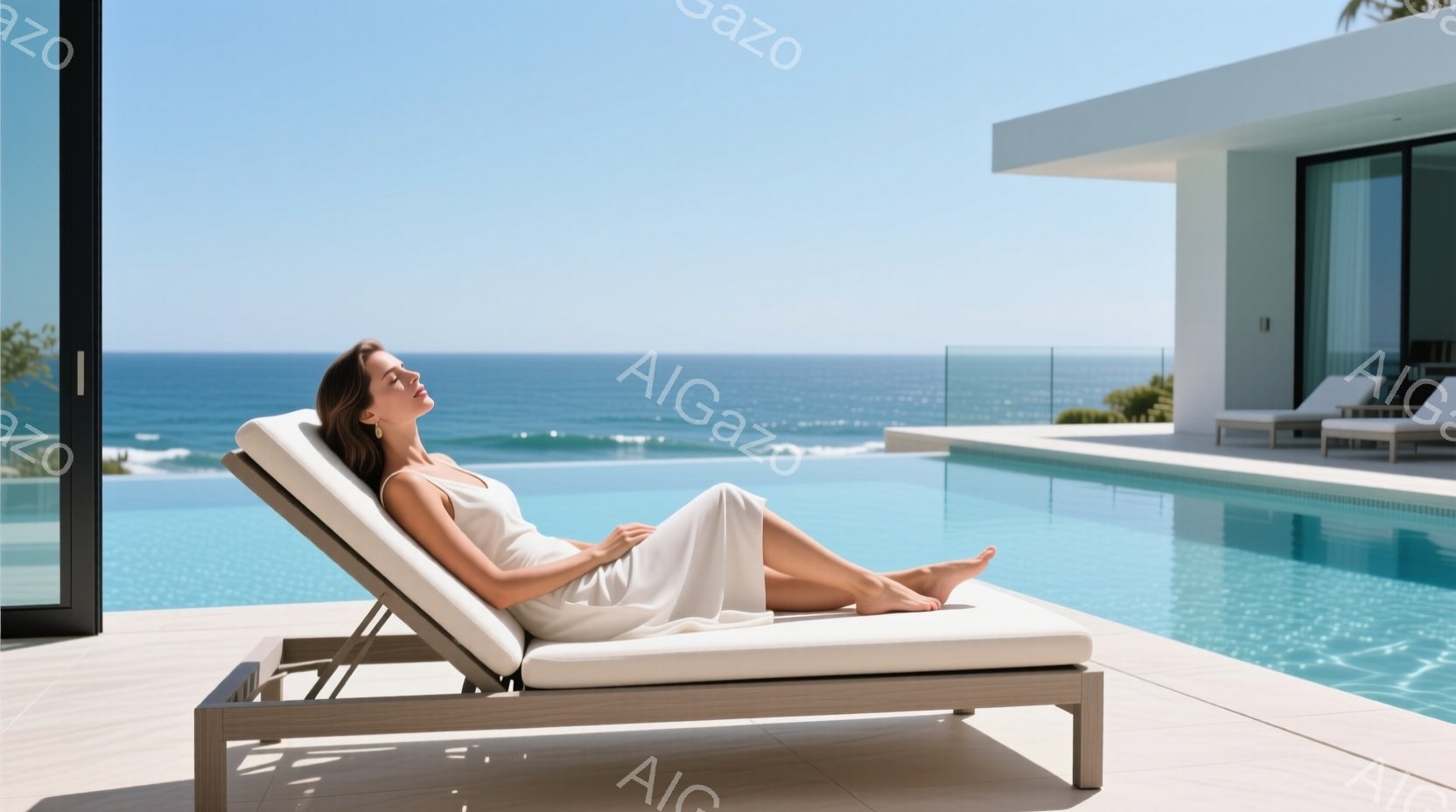 白いワンピースを着た女性が、プールサイドのデッキチェアに横たわって目を閉じてリラックスしています。背景には青い海とモダンな建物が見え、晴天の穏やかな雰囲気が漂っています。彼女は足を伸ばし、至福の表情で日光浴を楽しんでいる様子がうかがえます。