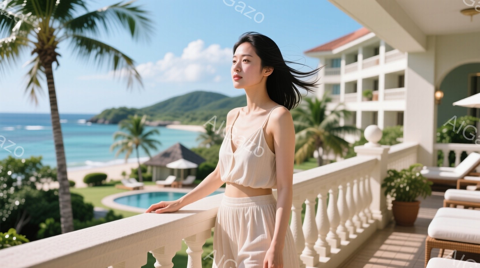 長い黒髪を風になびかせ、ベージュのキャミソールとパンツのセットアップを着た女性がバルコニーの手すりに寄りかかっている。背景には、青い海、白い砂浜、緑豊かな山々が広がり、リゾートホテルも見える。晴天で穏やかな雰囲気があり、女性はリラックスした表情で遠くを見つめている。