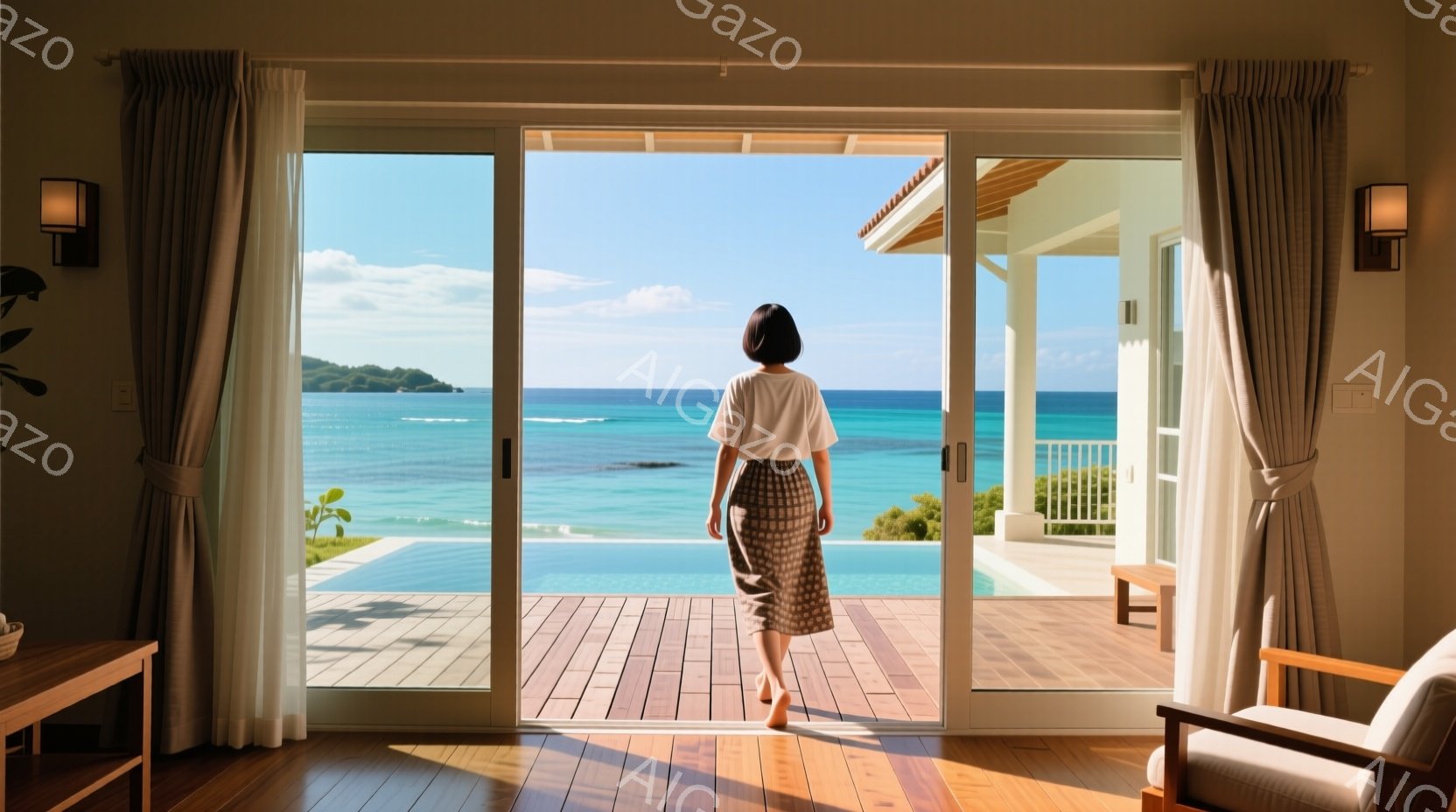 白いTシャツと柄のミディスカートを身に着けた女性が、開放された大きな窓から輝く青い海を眺めている。彼女は背中を向けた状態で、リラックスした姿勢でバルコニーに立っている。背景には、プール、緑豊かな植物、そして遠くに見える建物と青空が広がり、穏やかで贅沢な雰囲気を感じさせる。