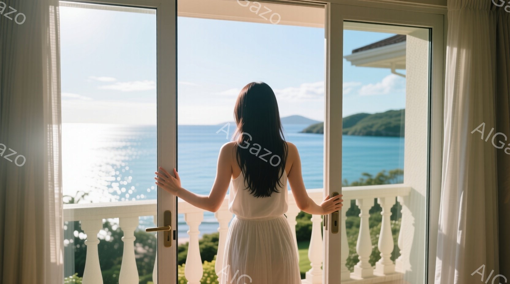 長い黒髪の女性が白いワンピースを着て、バルコニーの開いた窓から海を眺めている。彼女は両手をバルコニーの手すりに添え、リラックスした姿勢で、晴れた日の穏やかな海と緑豊かな風景が背景に広がっている。明るい日差しが海面をきらめかせ、平和で穏やかな雰囲気を醸し出している。
