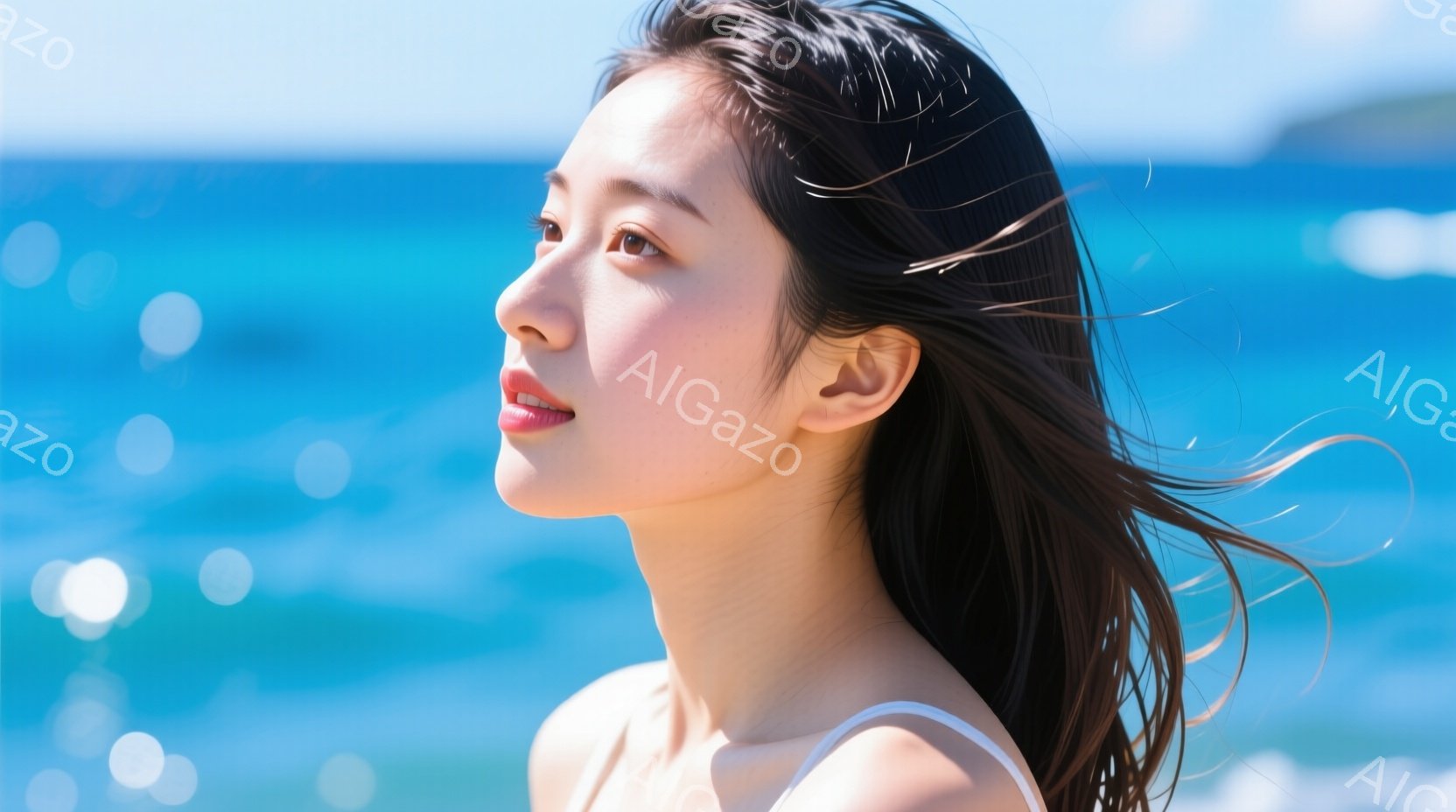 長い黒髪が風になびき、白いトップスを着た女性が、青い海を背景に横顔を見せています。彼女は穏やかな微笑みを浮かべ、どこか遠くを見つめるような、リラックスした雰囲気を醸し出しています。背景には晴れた空と輝く海が広がり、暖かい夏の日の穏やかさを感じさせます。