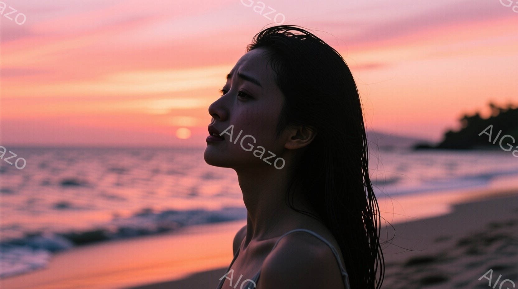 長い黒髪が濡れて肩にかかっている女性が、横顔で写っている。彼女は薄い肩紐の服を着ており、目は遠くを見つめ、物憂げな表情をしている。背景には、夕焼けに染まる海と海岸線が広がり、穏やかで少し寂しげな雰囲気を醸し出している。