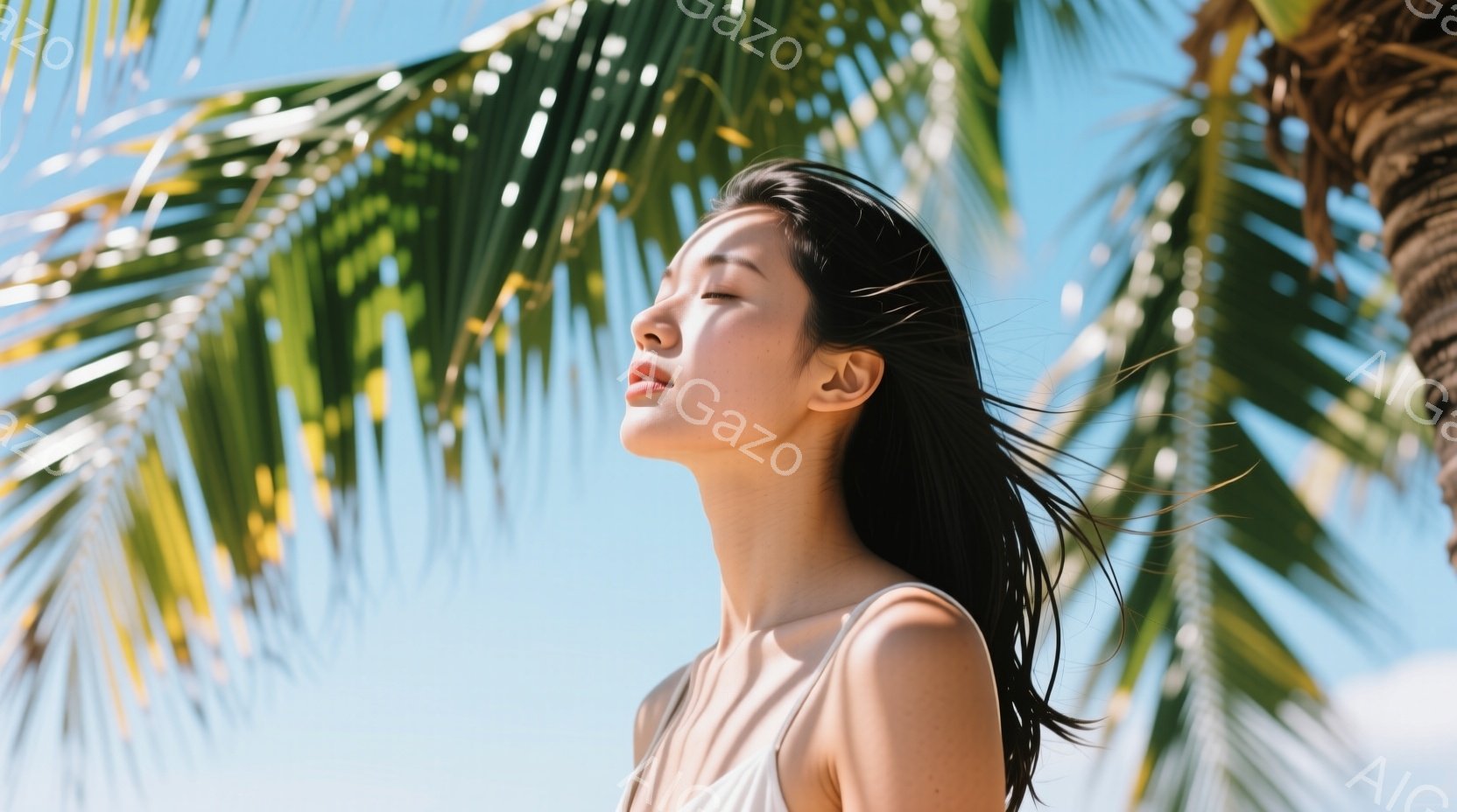 長い黒髪が風になびき、顔を上げて目を閉じた女性が写っている。ベージュ系のストラップレスのトップスを着ており、リラックスした表情で穏やかな雰囲気を醸し出している。背景には青空とヤシの木が見え、暖かい南国のリゾート地を思わせる。