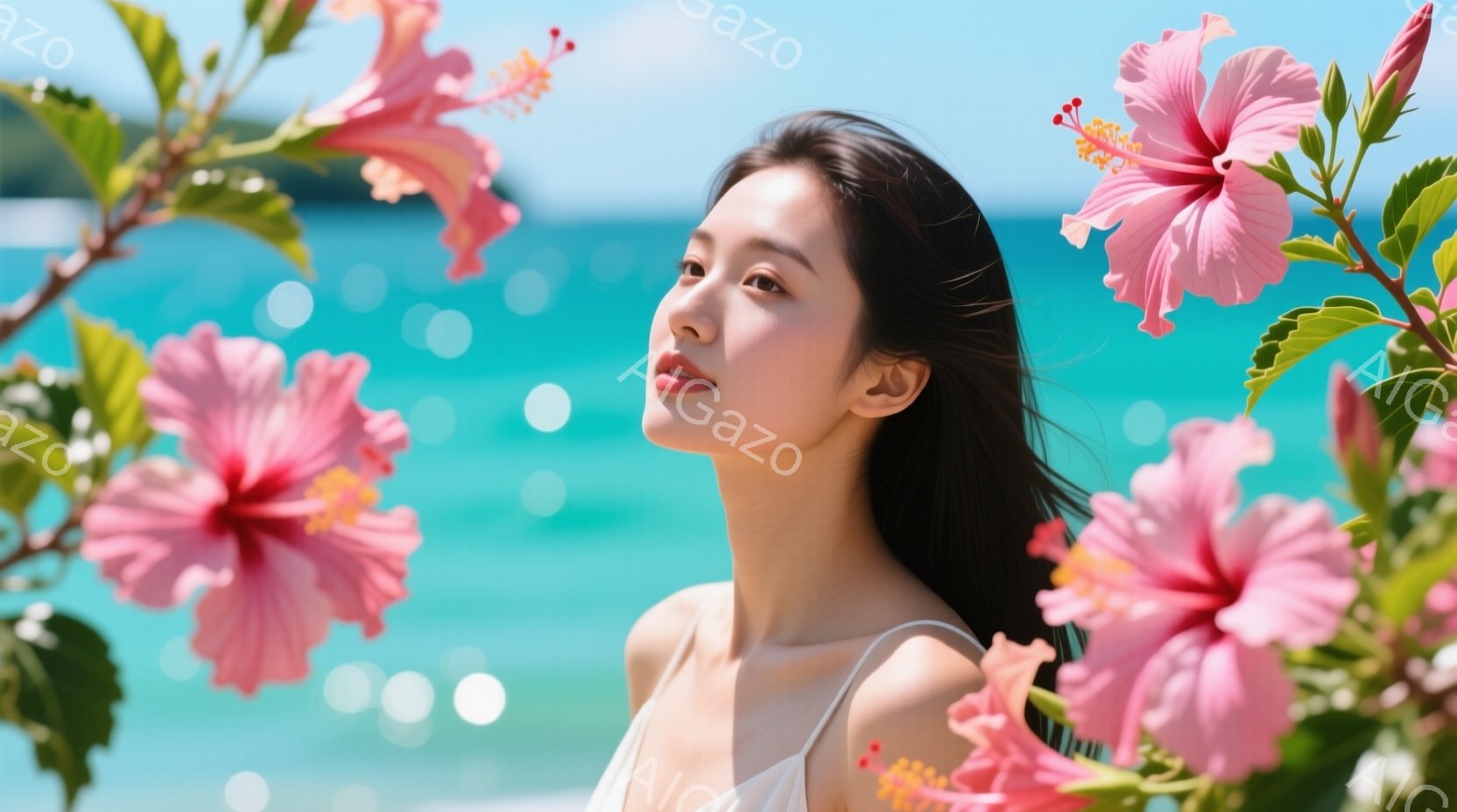 白いキャミソールを着た若い女性が、ピンク色のハイビスカスの花に囲まれて写っています。彼女は黒髪で、横分けにして少しウェーブがかかっています。背景にはターコイズブルーの海と青空が広がり、リゾート地の穏やかで明るい雰囲気が漂っています。