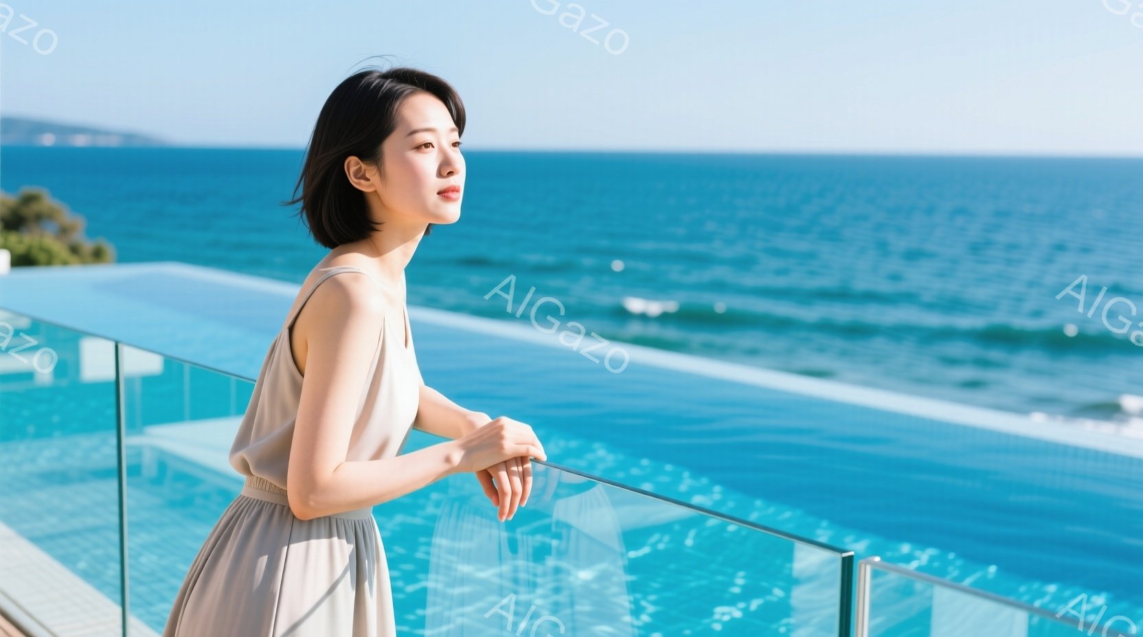 明るい日差しの中で、女性がプールサイドに立っている。ベージュ色のゆったりとしたワンピースを着ており、短めのボブヘアが印象的だ。彼女は遠くの海を眺めており、リラックスした雰囲気を醸し出している。