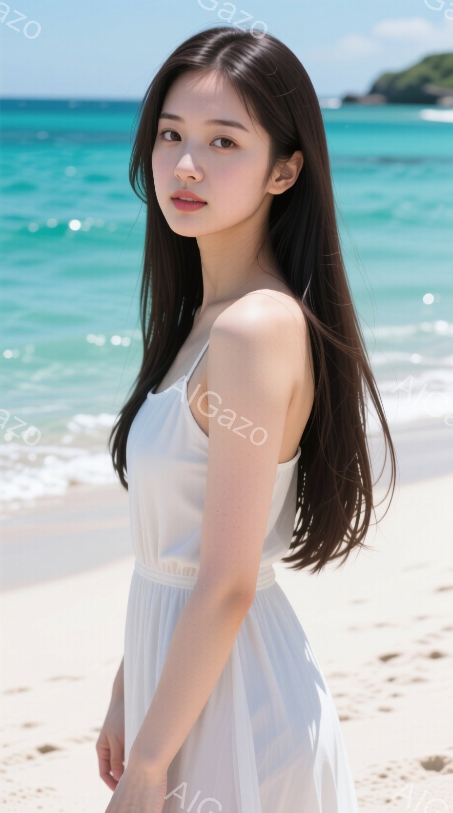 長い黒髪をなびかせ、白いキャミソールワンピースを身につけた女性が砂浜に立っている。彼女は穏やかな表情で、少し微笑んでいるように見える。背景にはターコイズブルーの海と白い砂浜が広がり、晴天の下でリラック - AI生成フリー素材
