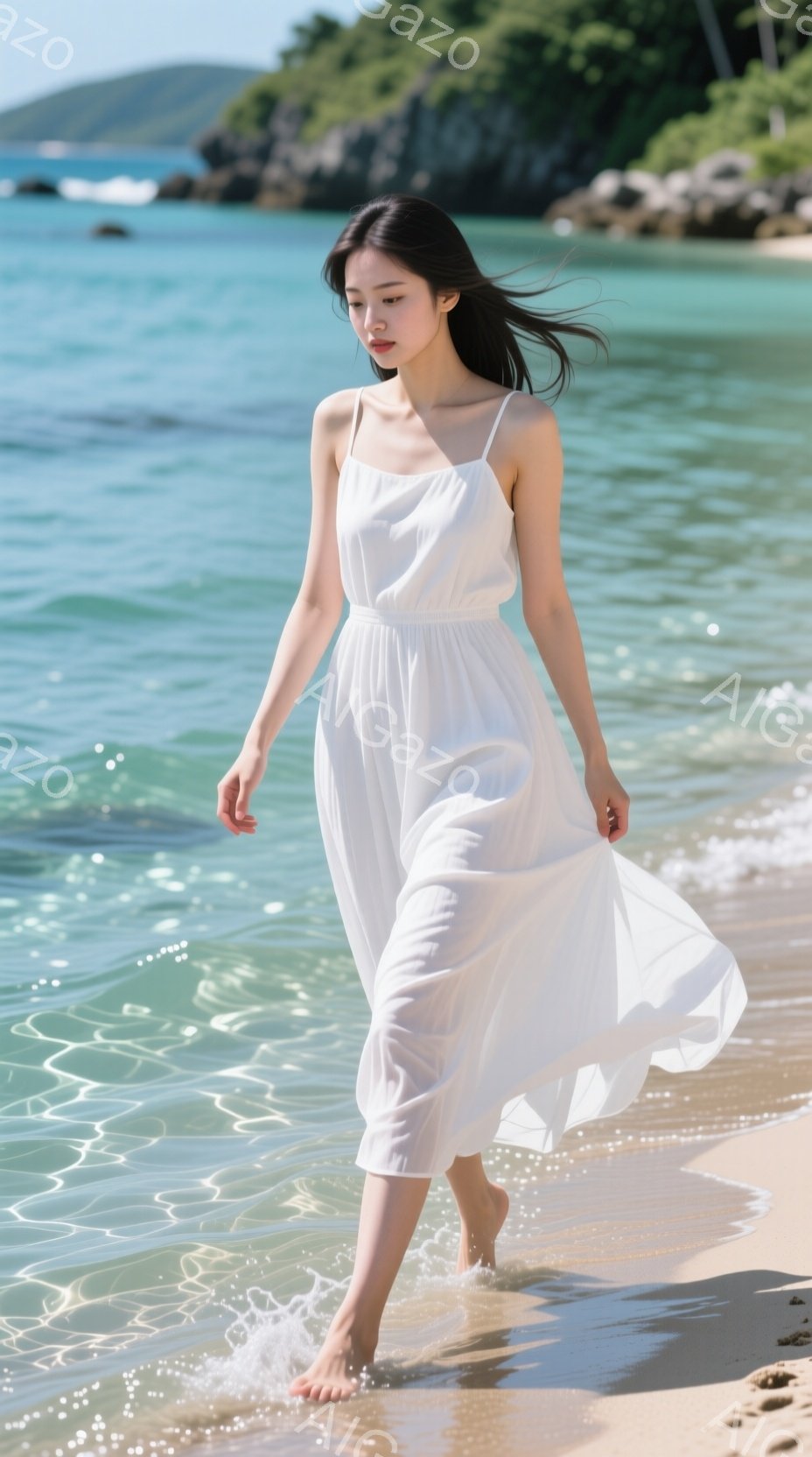 白いキャミソールワンピースを着た女性が、砂浜を歩いている様子が写っている。ワンピースは風にたなびき、女性はリラックスした表情で、足元には穏やかな波が広がっている。背景には青い海と緑豊かな自然が広がり、晴天の下、穏やかで美しい雰囲気を醸し出している。