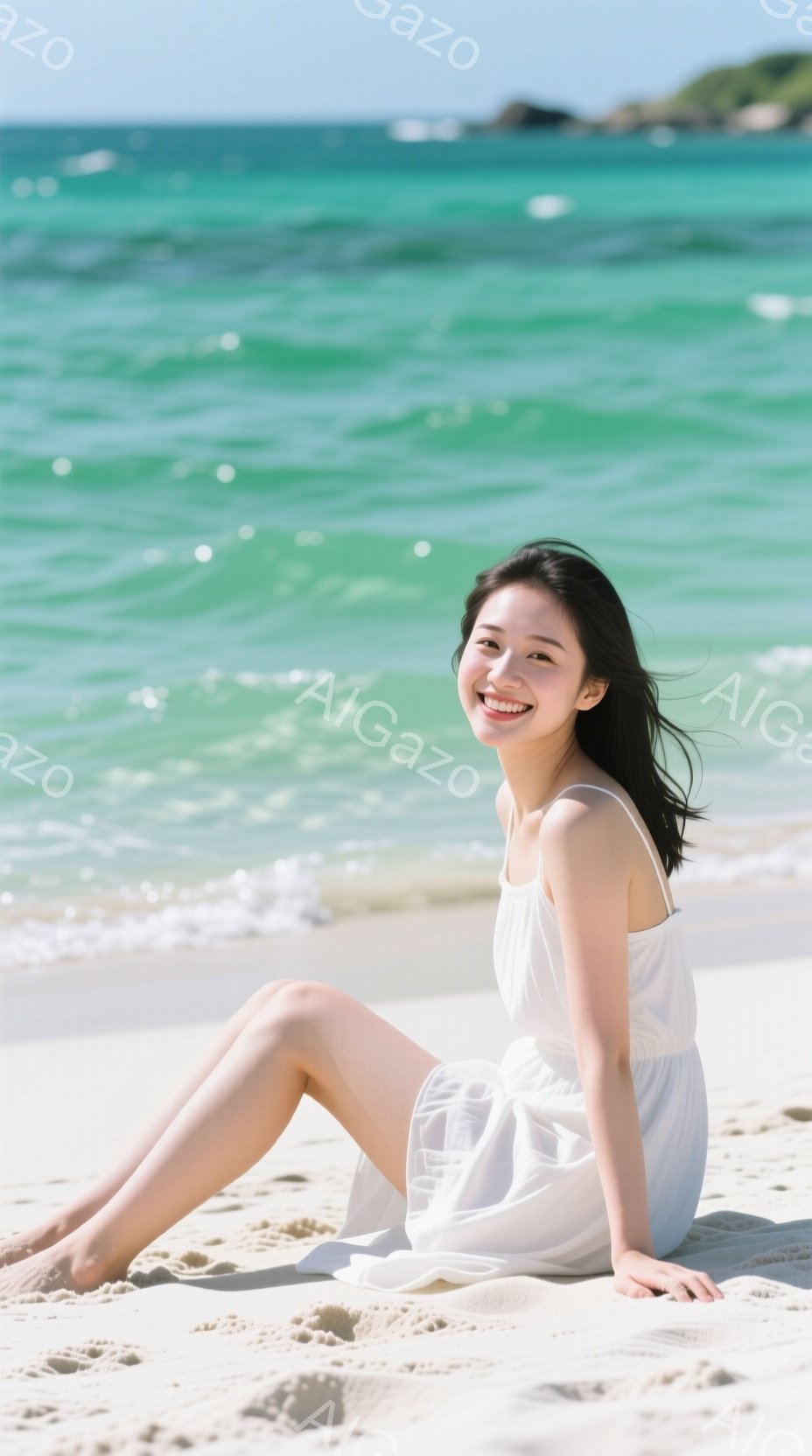 白いワンピースを着た若い女性が砂浜に座っています。彼女は微笑んでおり、長い黒髪が風になびいています。背景にはターコイズブルーの海と白い砂浜が広がり、晴れた日の穏やかな雰囲気が漂っています。