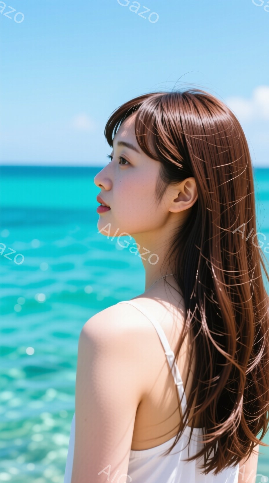 長い茶色の髪を持つ若い女性が、肩出しの白いトップスを着て、横顔を見せています。彼女は穏やかな表情で、遠くを見つめており、リラックスした雰囲気です。背景には、エメラルドグリーンの美しい海が広がり、晴天の - AI生成フリー素材