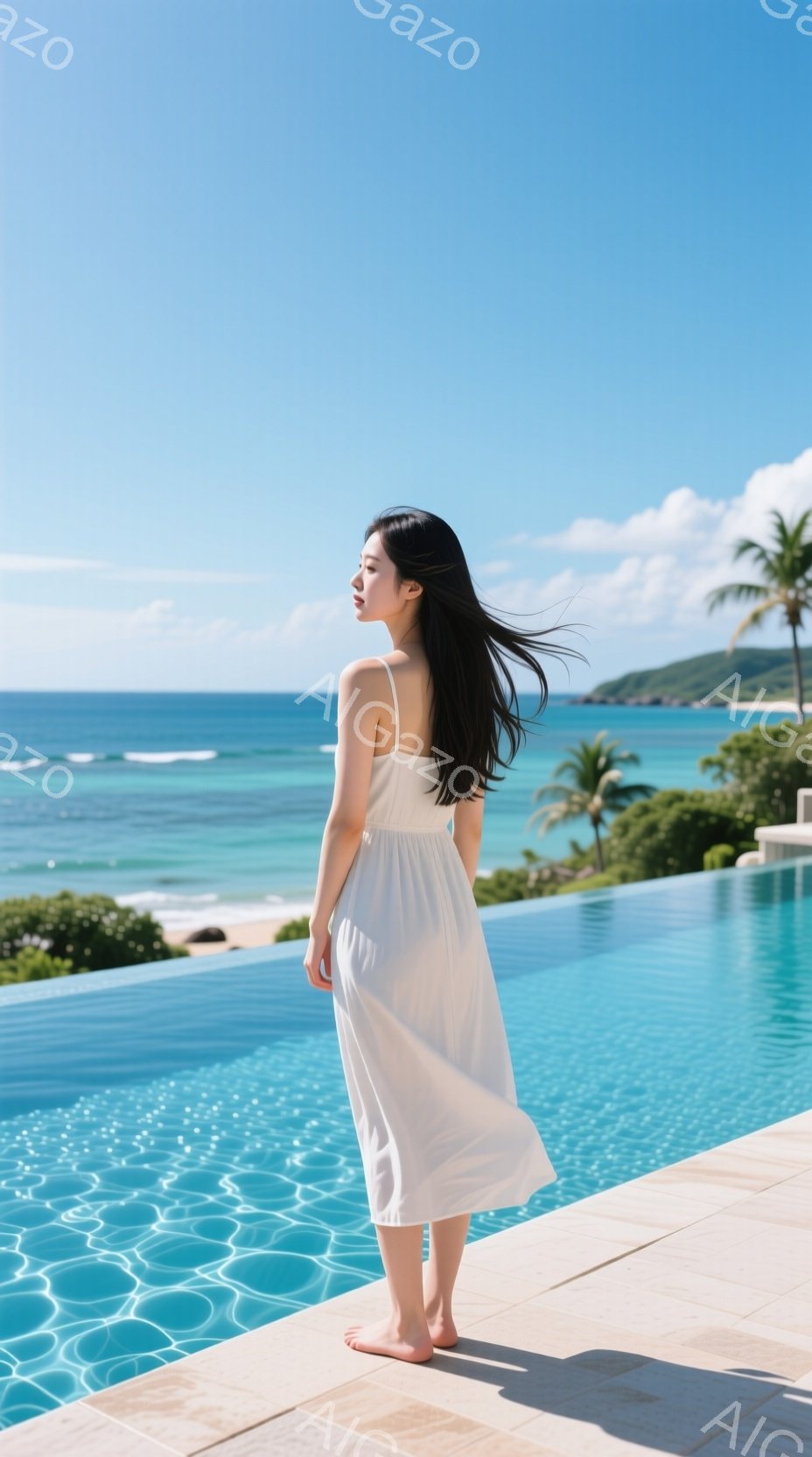長い黒髪をなびかせ、白いキャミソールワンピースを着た女性が、プールサイドに立っている。背景にはターコイズブルーの海と緑豊かな山々が広がり、晴天の下、リゾートの穏やかな雰囲気が漂っている。彼女は背中を向けており、リラックスした姿勢で海の景色を楽しんでいるように見える。
