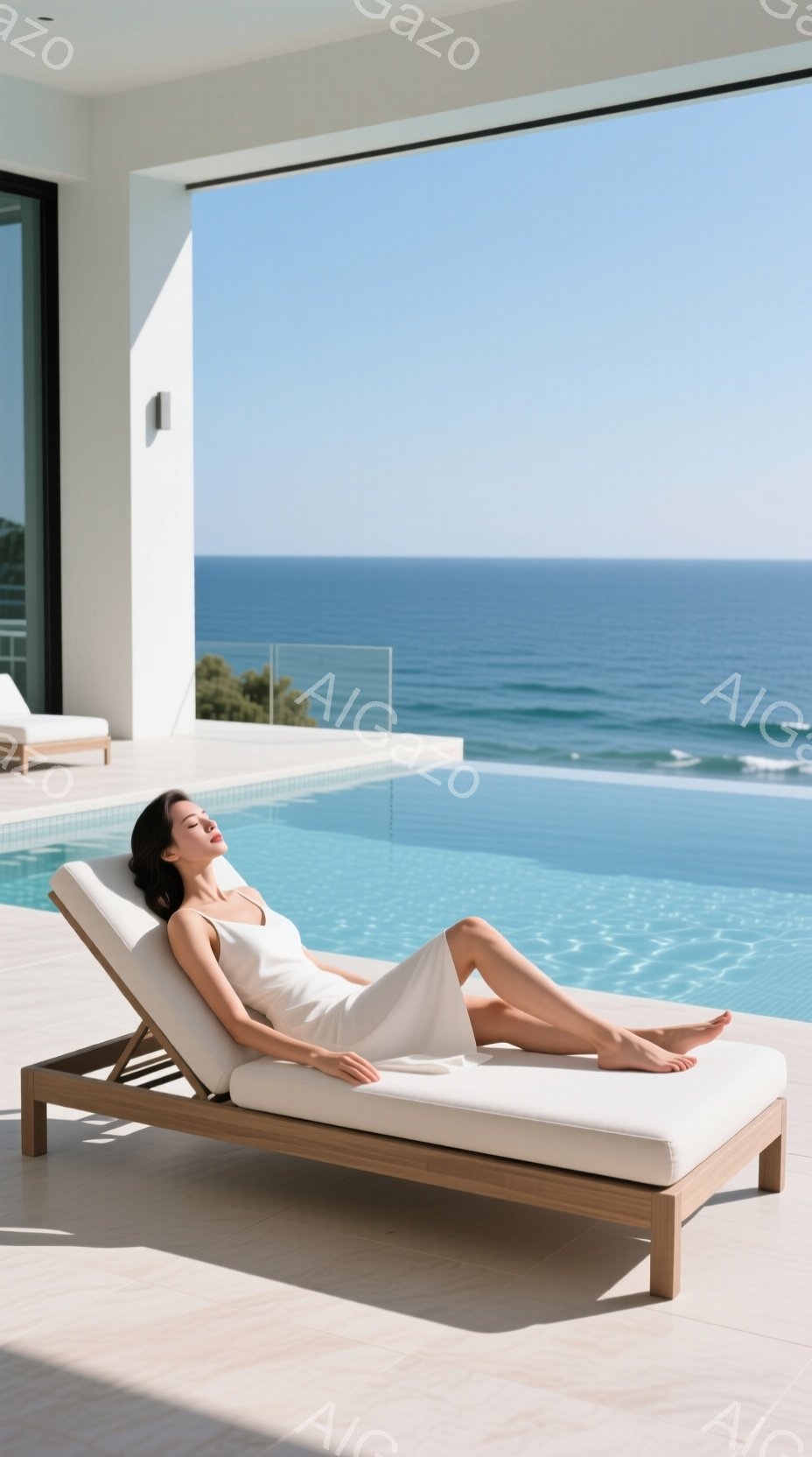 白いワンピースを着た女性が、プールサイドのラウンジチェアで目を閉じてリラックスしています。背景には青い海と空が広がり、モダンな建物の一部が見えます。全体的に、穏やかで洗練された雰囲気です。 - AI生成フリー素材