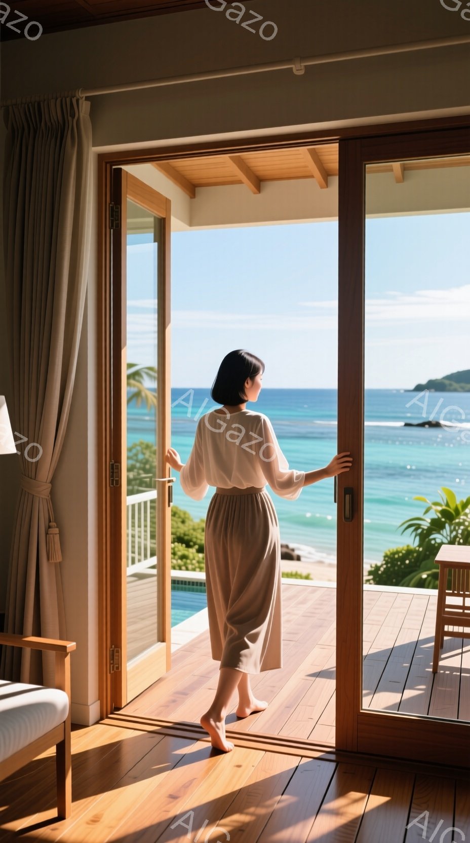 茶髪の女性が、ベージュのゆったりとしたワンピースを着て、バルコニーへと続く大きなガラスドアを開けています。彼女は裸足で、リラックスした姿勢でドアに手を添え、碧い海と緑豊かな熱帯の景色を背景にしています。室内は木製の床で暖かく、全体的に穏やかでリゾートのような雰囲気が漂っています。