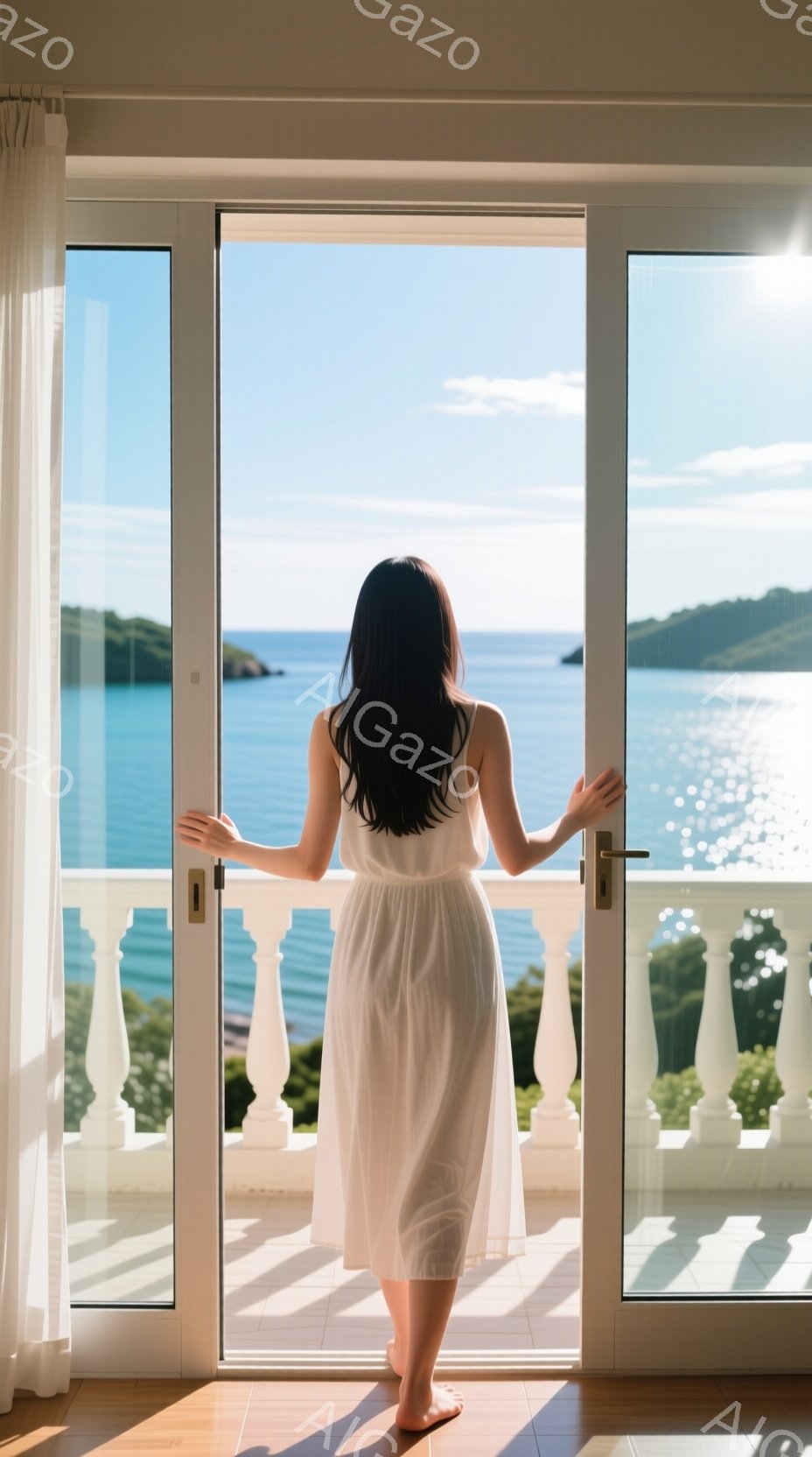 白いワンピースを着た女性が、バルコニーの手すりに寄りかかり、青い海を眺めている。彼女は黒髪で、背中を向けており表情は見えないが、リラックスした雰囲気が漂う。背景には青空と海が広がり、穏やかな日差しが差し込む、開放的で穏やかな情景である。