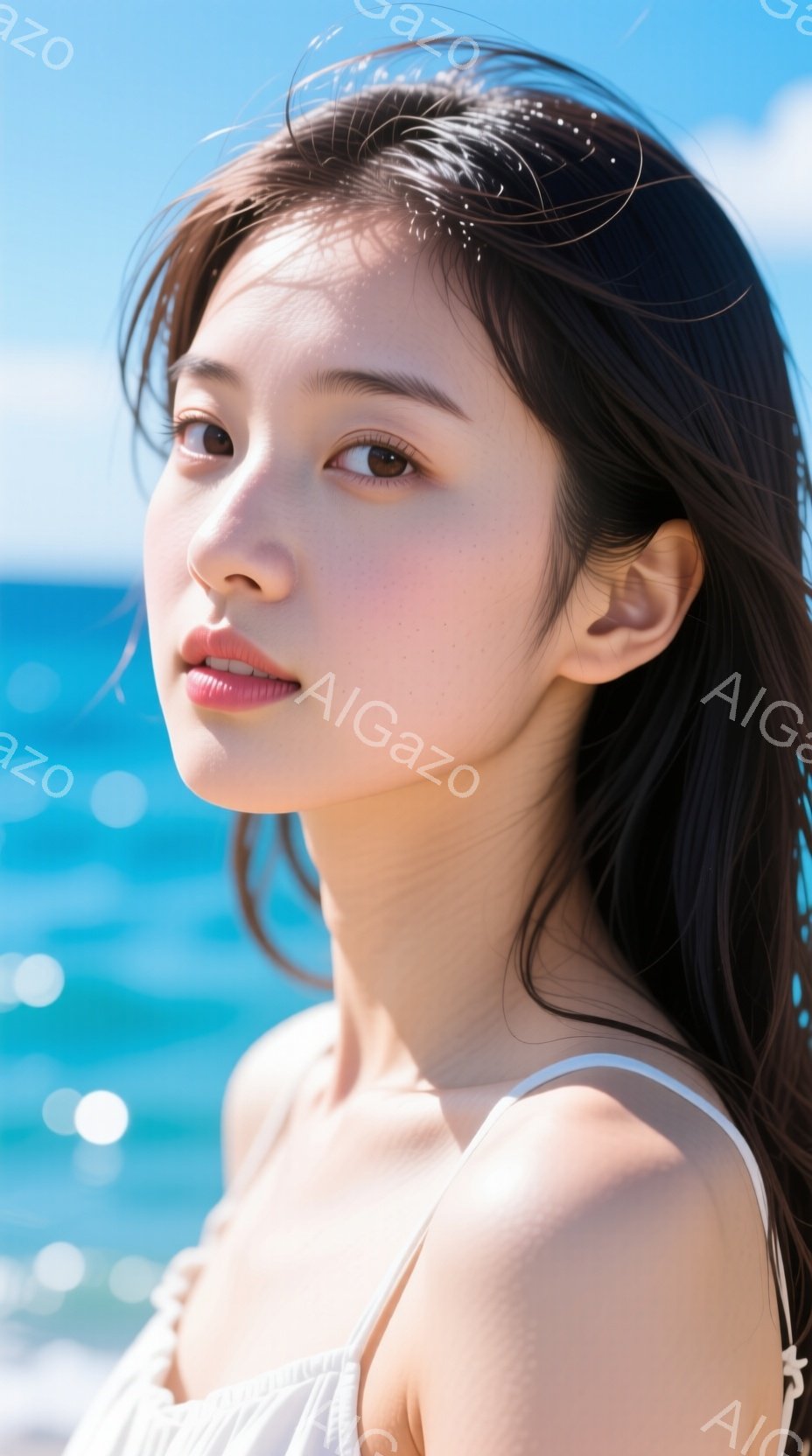 長い黒髪をなびかせ、白い肩出しのトップスを着た若い女性が写っている。彼女は少し上目遣いで穏やかな表情を浮かべており、背景には青い海と空が広がり、晴天のビーチリゾートの雰囲気が漂う。全体的に、自然光が柔らかく彼女を照らし、リラックスした穏やかな印象を与える。