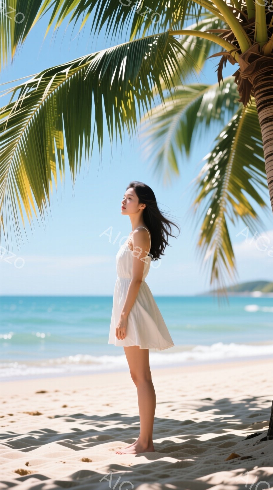 白いワンピースを着た女性が、砂浜に立って遠くを見つめている。彼女は黒髪を風になびかせ、横顔は穏やかでリラックスした表情を浮かべている。背景にはターコイズブルーの海とヤシの木があり、晴れた空の下で穏やかで平和な雰囲気を醸し出している。