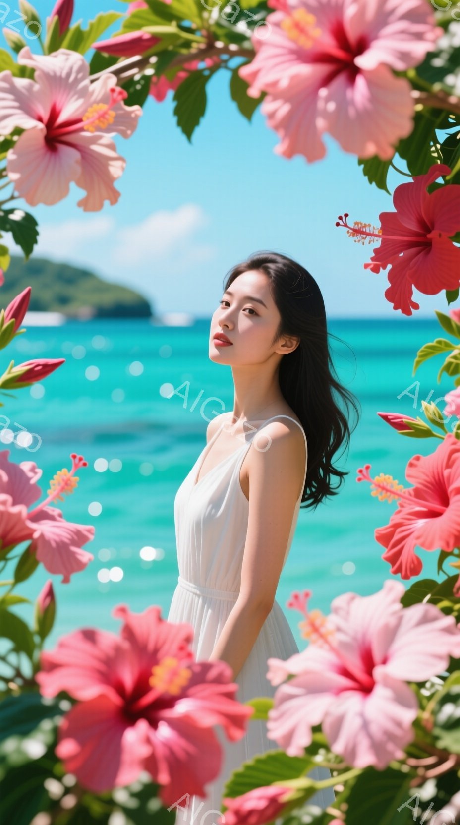 白いワンピースを着た若い女性が、鮮やかなピンク色のハイビスカスの花々に囲まれて立っています。彼女は長い黒髪を肩にかけ、穏やかな表情で少し上を見上げています。背景にはターコイズブルーの海と緑豊かな山々が広がり、晴れた日の穏やかな南国の雰囲気が漂っています。