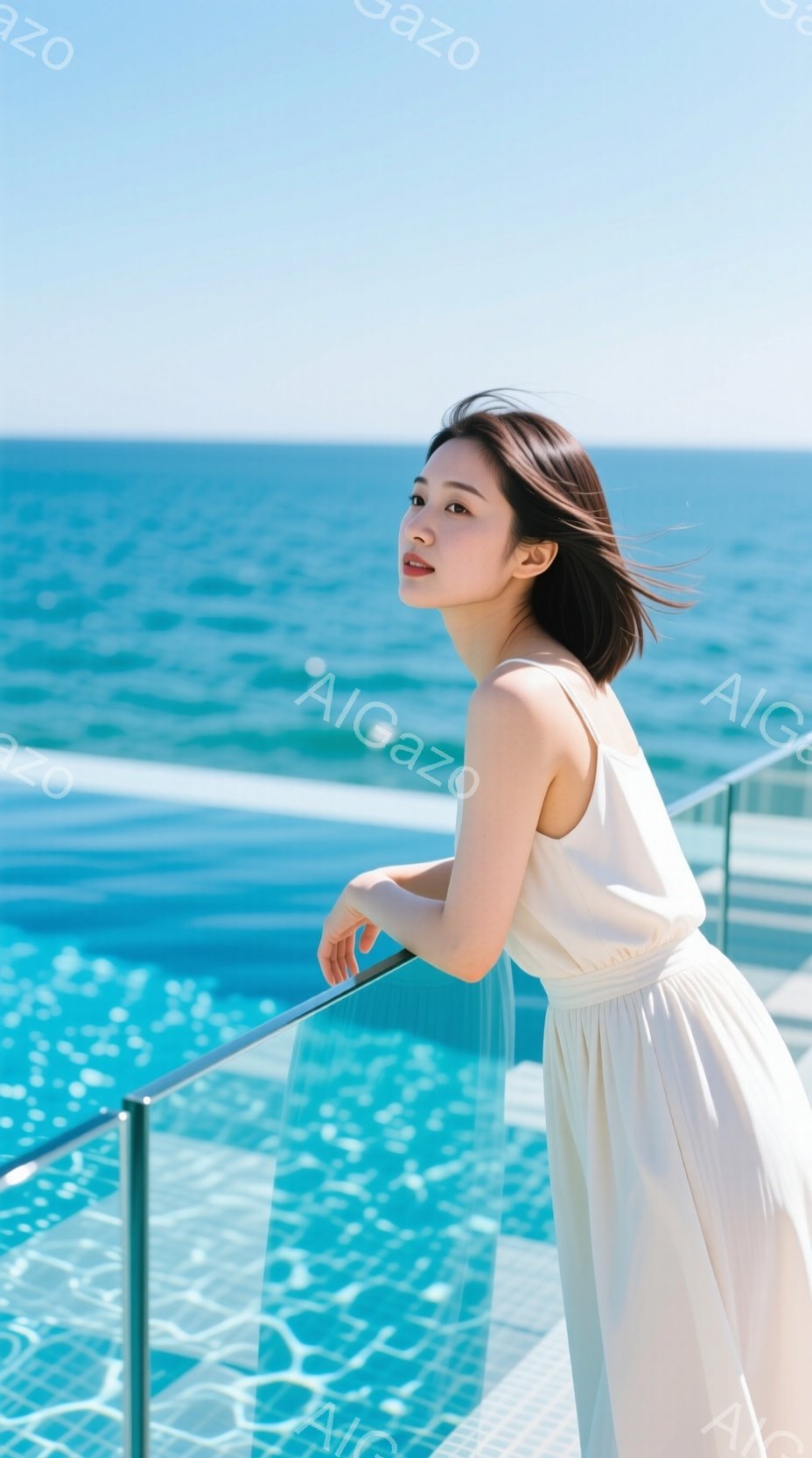 白いキャミソールワンピースを着た若い女性が、水色のプールの縁に寄りかかっている。彼女は黒髪を肩にかかり、少し微笑みを浮かべ、穏やかな表情をしている。背景には青い海が広がり、晴天の下でリラックスした雰囲 - AI生成フリー素材