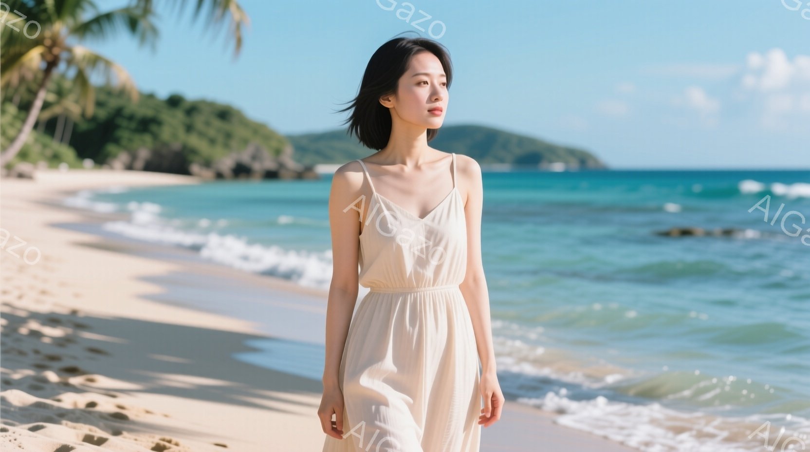 長いベージュ色のワンピースを着た女性が、白い砂浜を歩いている。彼女は短い黒髪で、顔は穏やかでわずかに微笑んでいるように見える。背景には青い海と緑豊かな山々が広がり、晴天で穏やかな雰囲気が漂っている。