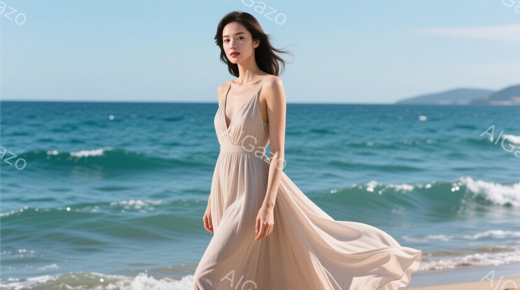 長いベージュ色のシフォンワンピースを着た女性が、波打ち際に立っている。ワンピースは風になびき、彼女の髪も自然な流れで肩にかかっている。背景には青い海と遠くに見える山々が広がり、晴れた日の穏やかな雰囲気 - AI生成フリー素材
