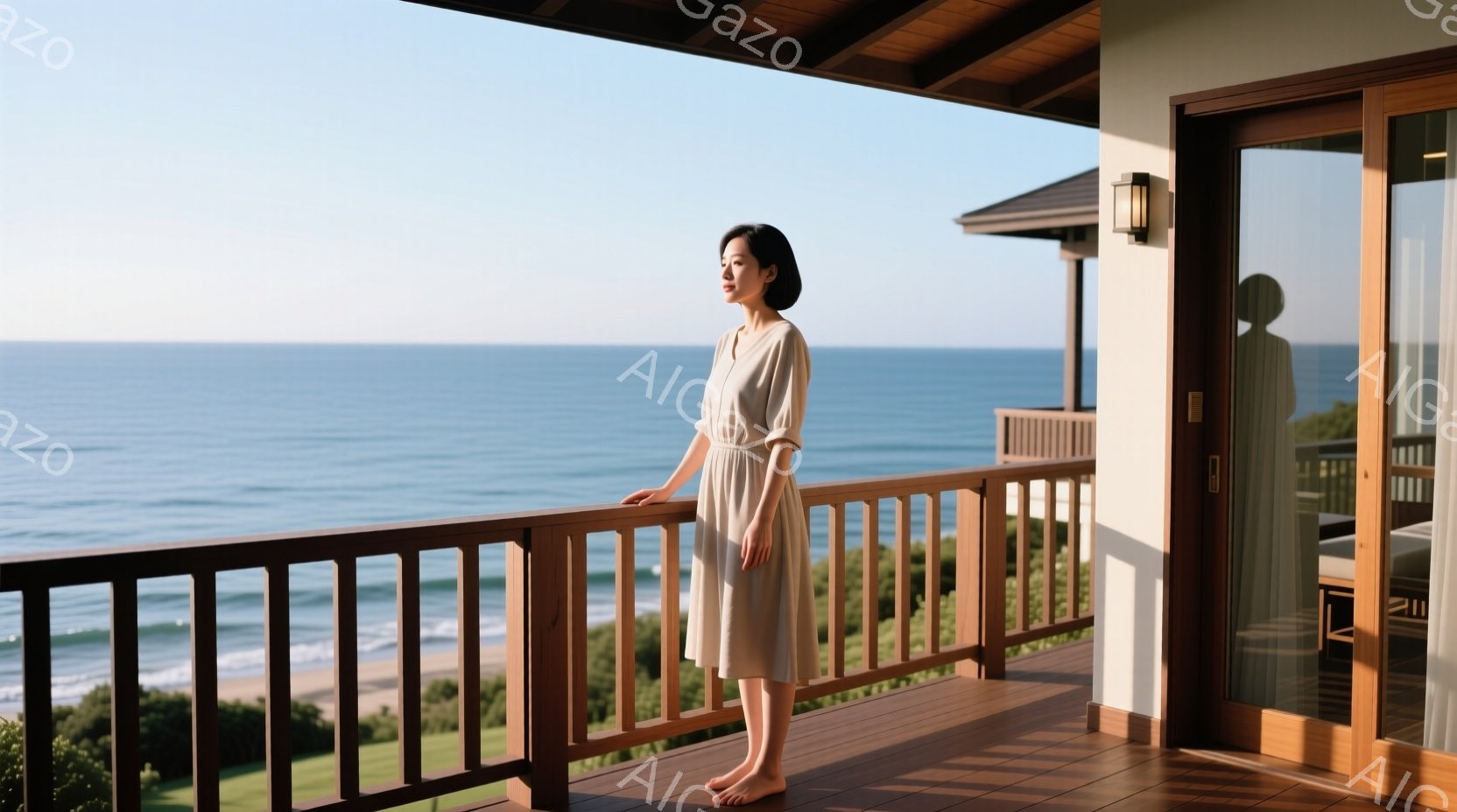 明るい日差しの下、女性がベランダで海を眺めている。ベージュ色のワンピースを着て、髪は後ろでシンプルにまとめている。背景には青い海と緑の丘、そして木造の建物が見え、穏やかでリラックスした雰囲気が漂っている。